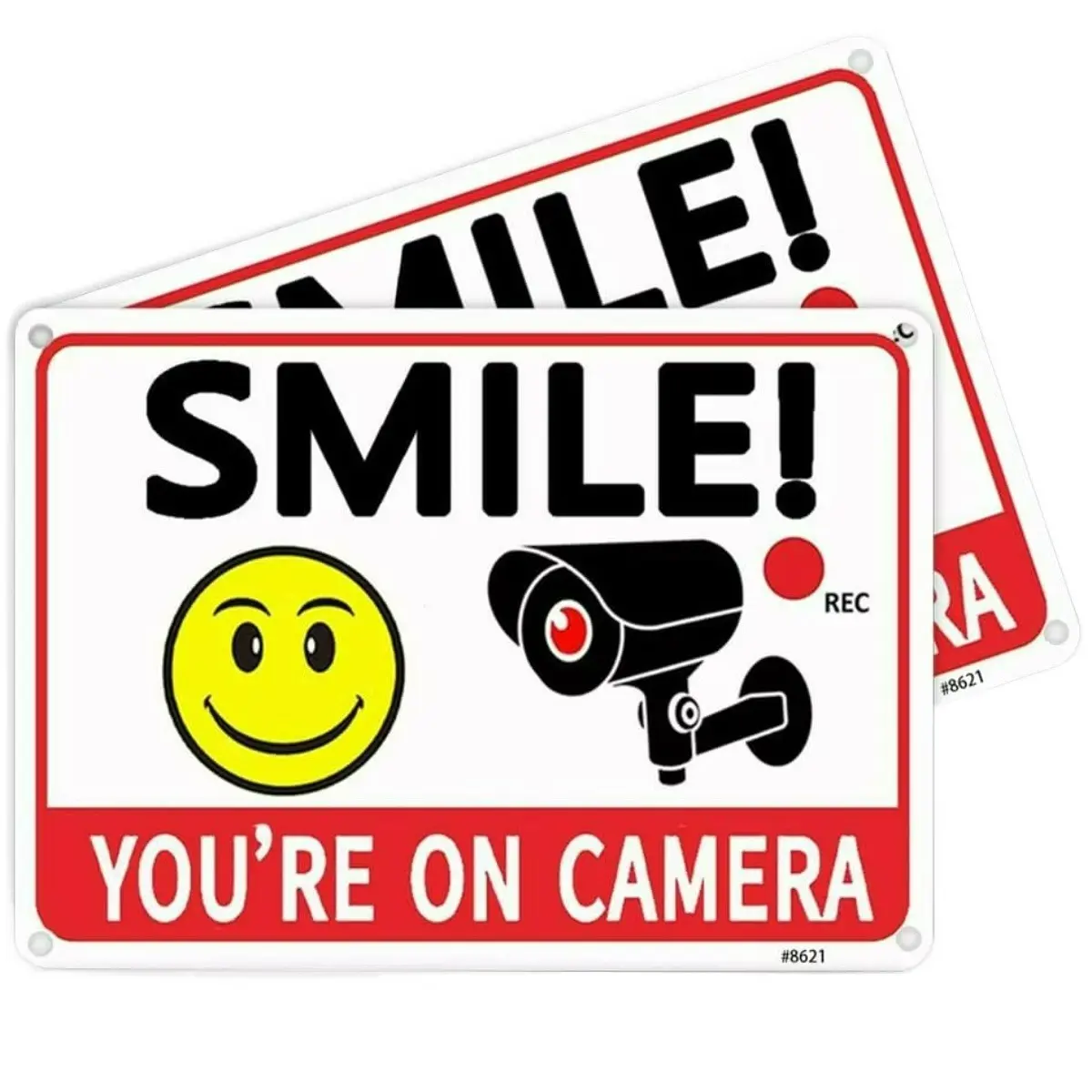 2-Pack 12x8 in Funny Security Camera Warning Metal Signs, "Smile You're On Camera" CCTV Notice for Home, Garage Outdoor Wall Decor (Home Supplies Plaques & Signs)