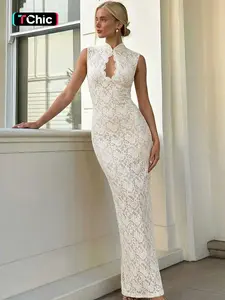 Women's Contrast Lace Floral Bust Cut Out Back Split Plain Bodycon Dress, Elegant Solid Color Stand Collar Sleeveless Slim Fit Slit Maxi Dress, Party Club Date Evening Gown Holiday Casual Hollow Tank Long Dresses, Ladies Summer Fashion Clothes Wear