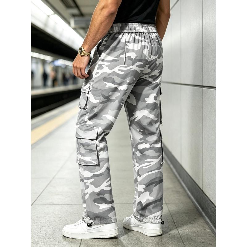 Men's Work Pants, Elastic Waist Free, Loose Straight Leg, Multiple Large Pockets and Adjustable Ankle Drawstring, Breathable Woven Pants, Suitable for Hiking, Shopping, and Going Out