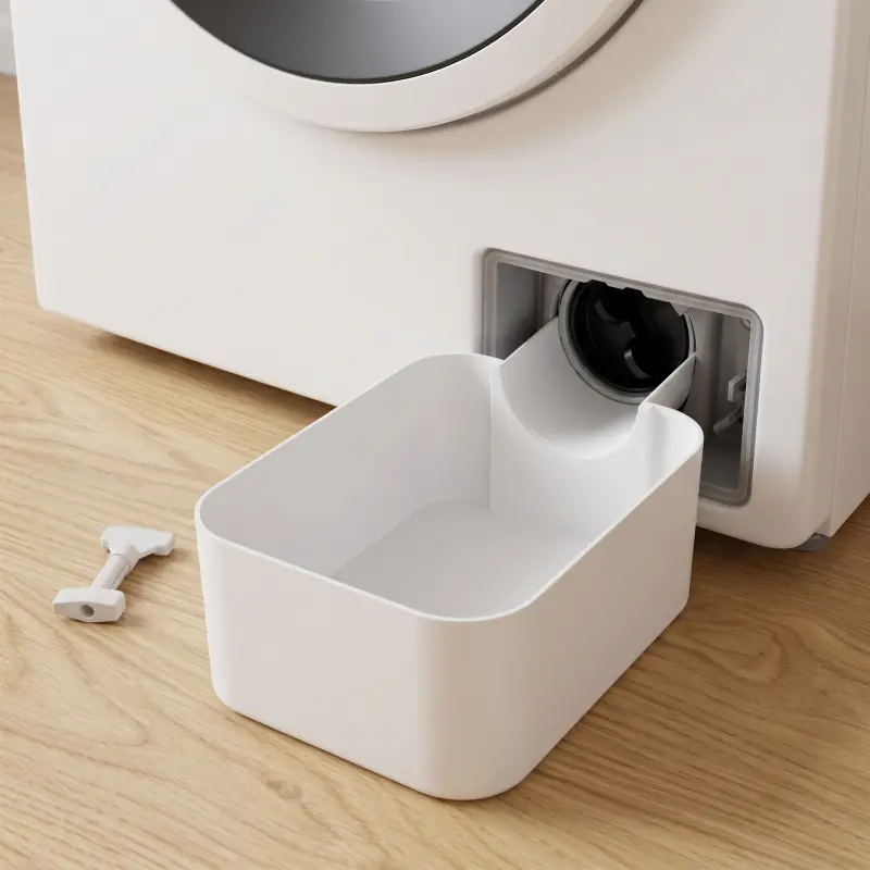A washing machine drainage tray, a drum washing machine sewage outlet water box and a filter residual water tray can effectively prevent the laundry room from overflowing and wetting the floor.