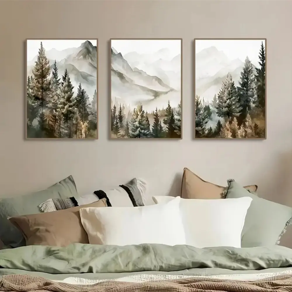3-piece Misty Pine Mountain Forest Landscape Art Prints, Modern Natural Wall Decor, Home Decorative Painting, Framed and Unframed Options Available