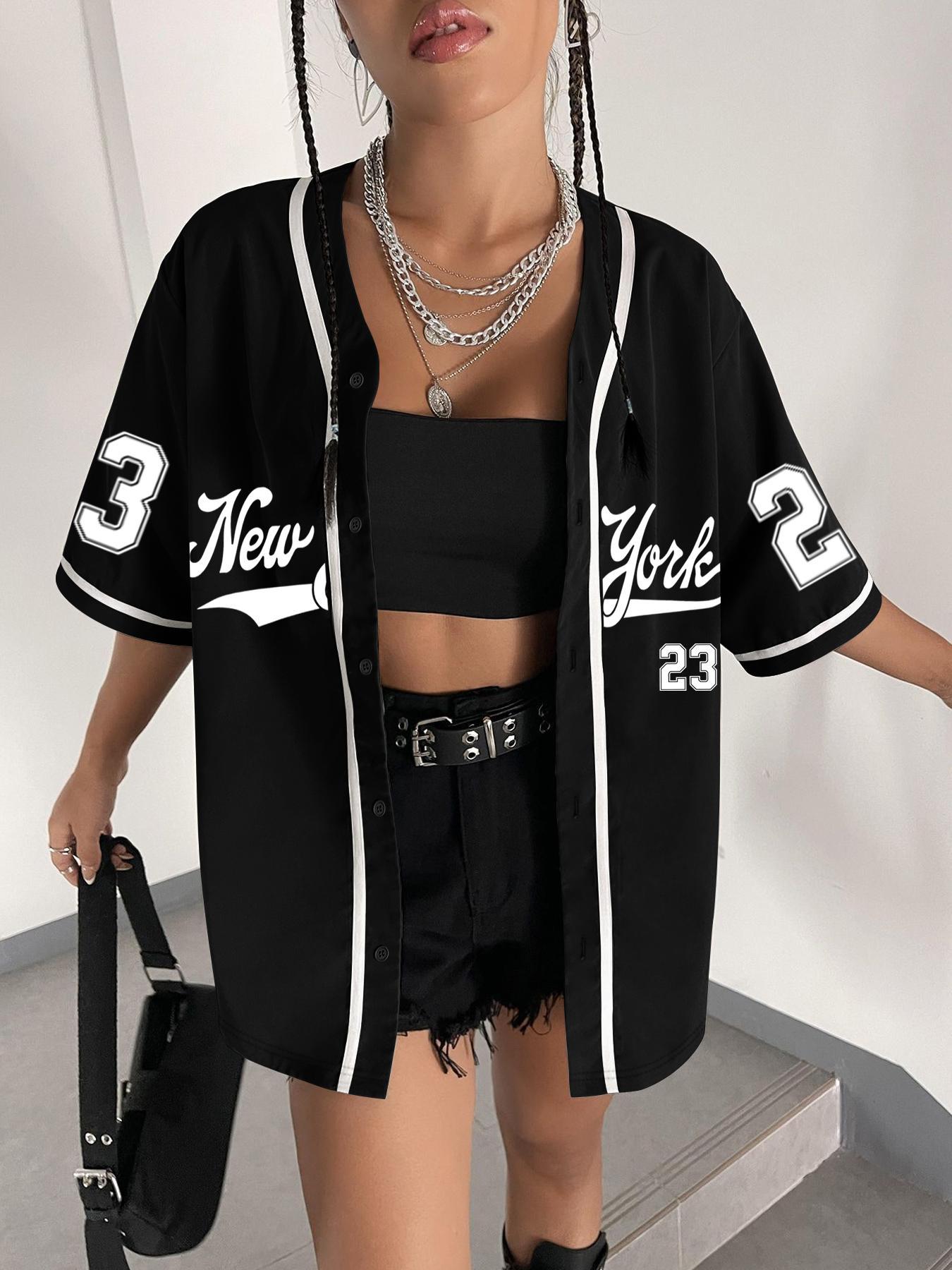 Women's Number Print Baseball Jersey, Casual Fashion Loose Letter Print Short Sleeve Button Design Blouse for Daily Wear, Ladies Clothes for All Seasons