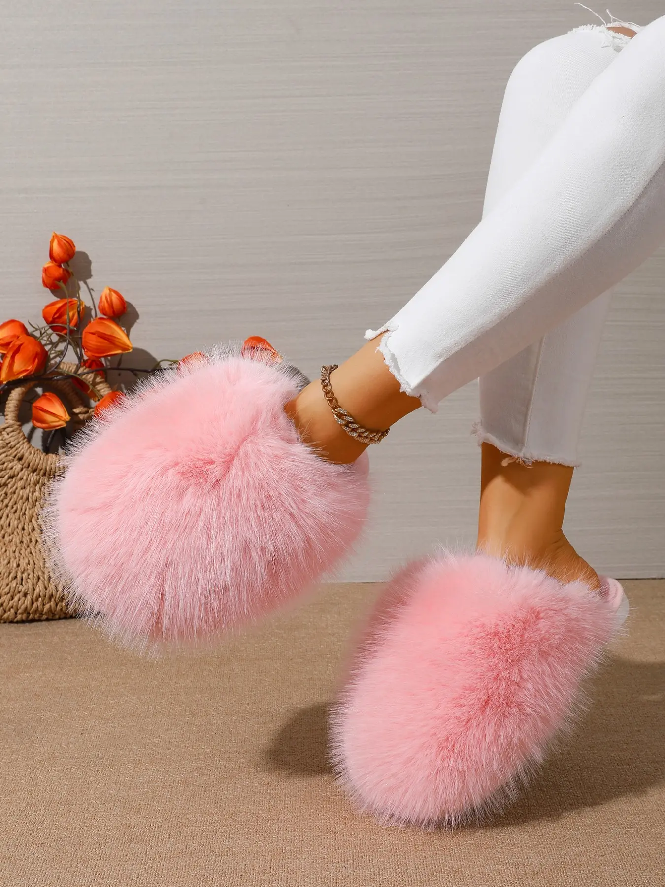 Vintage Multicolor Velvet Slippers, Soft Thick Long Hair Cotton Slippers, European Style Loose Round Toe Fashion Shoes, Casual Home Wear, Trendy Casual Slippers