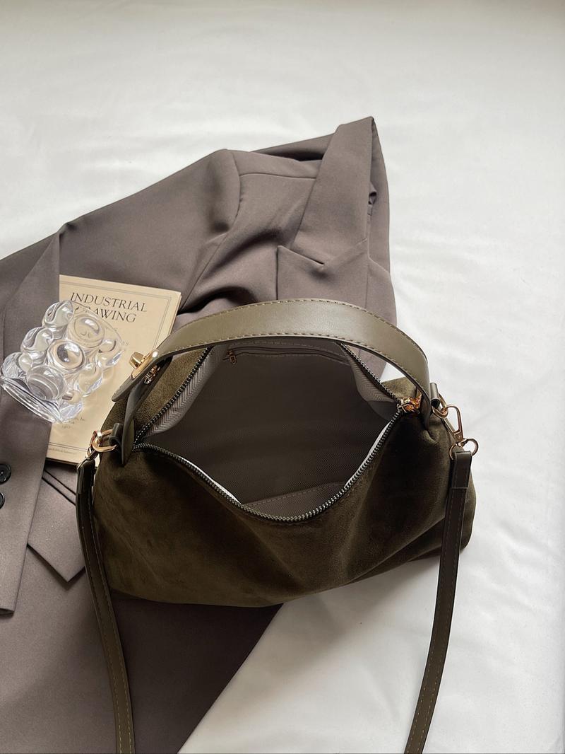 American Minimalist Vintage Suede Top-Handle Bag, Zipper Closure, Versatile Daily Handbag for Work & Casual