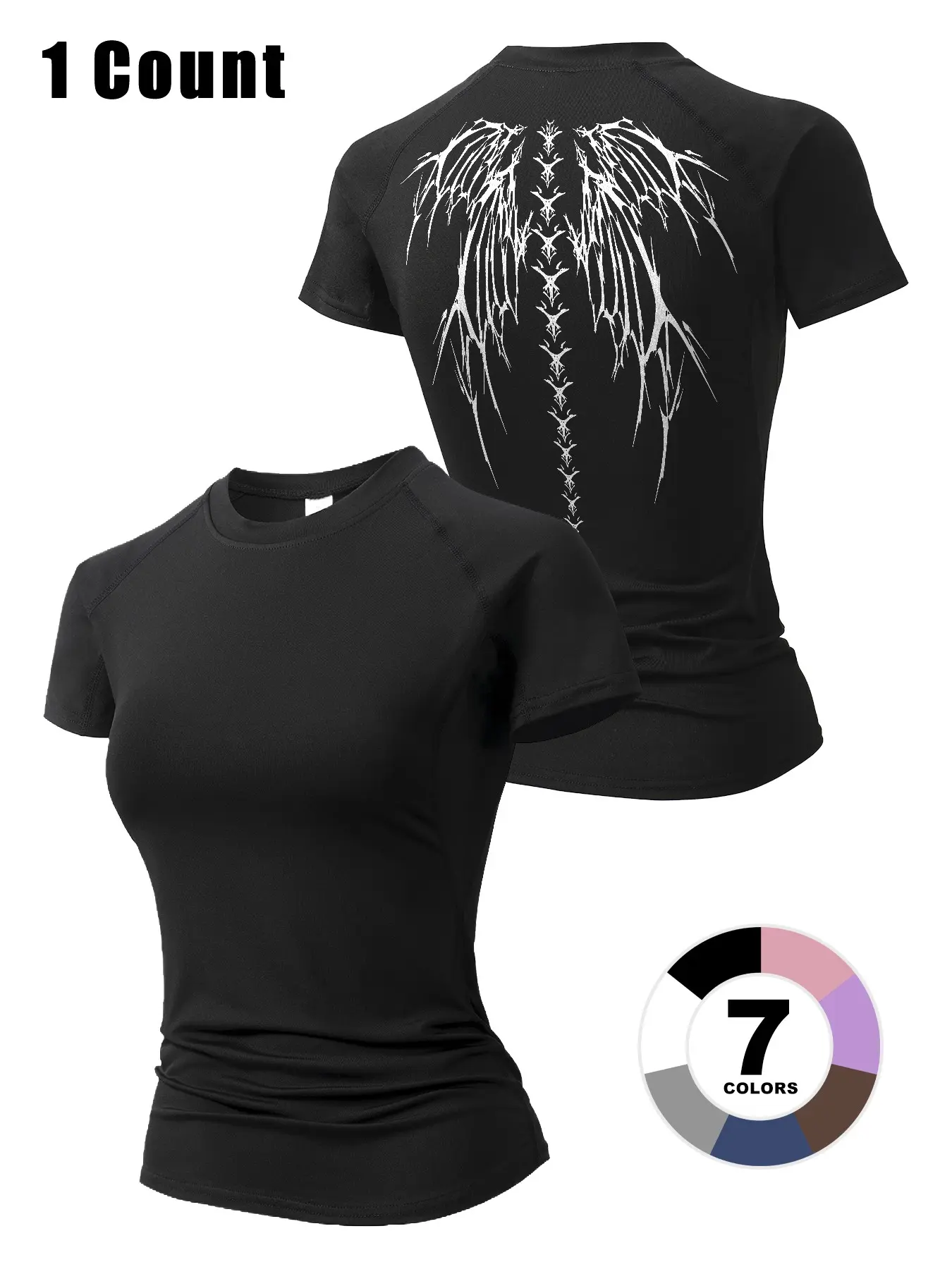 Women's Skull Wing Print Round Neck Sports Tee, Casual Quick Drying Breathable Tight-fitting Sports T-shirt for Yoga Running Gym Training, Ladies Sportswear for Summer