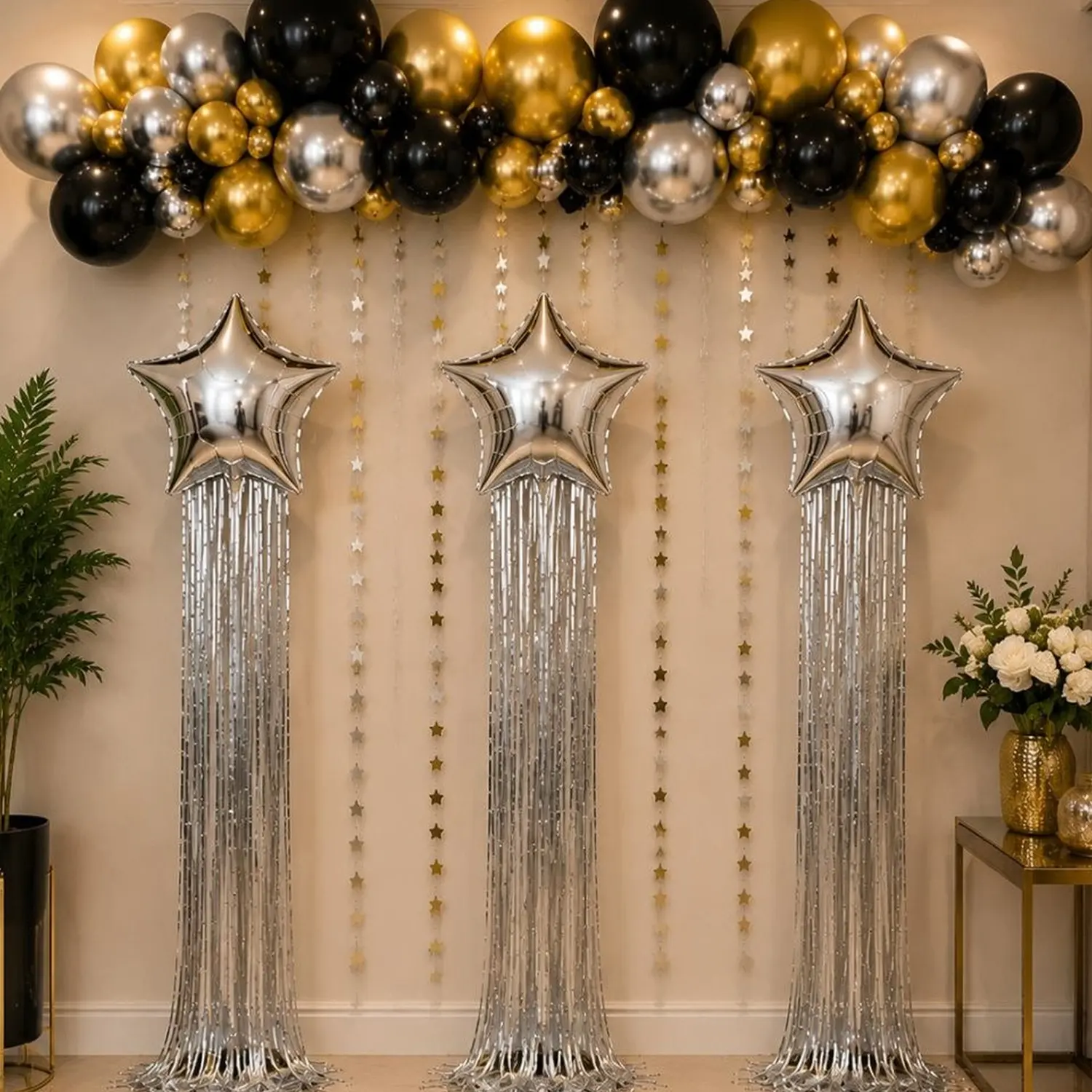 56 Gold Balloon Garland Arch, Silver Color Star Balloons with Fringe Tassels, Perfect for Birthday Christmas Party Background Decorations