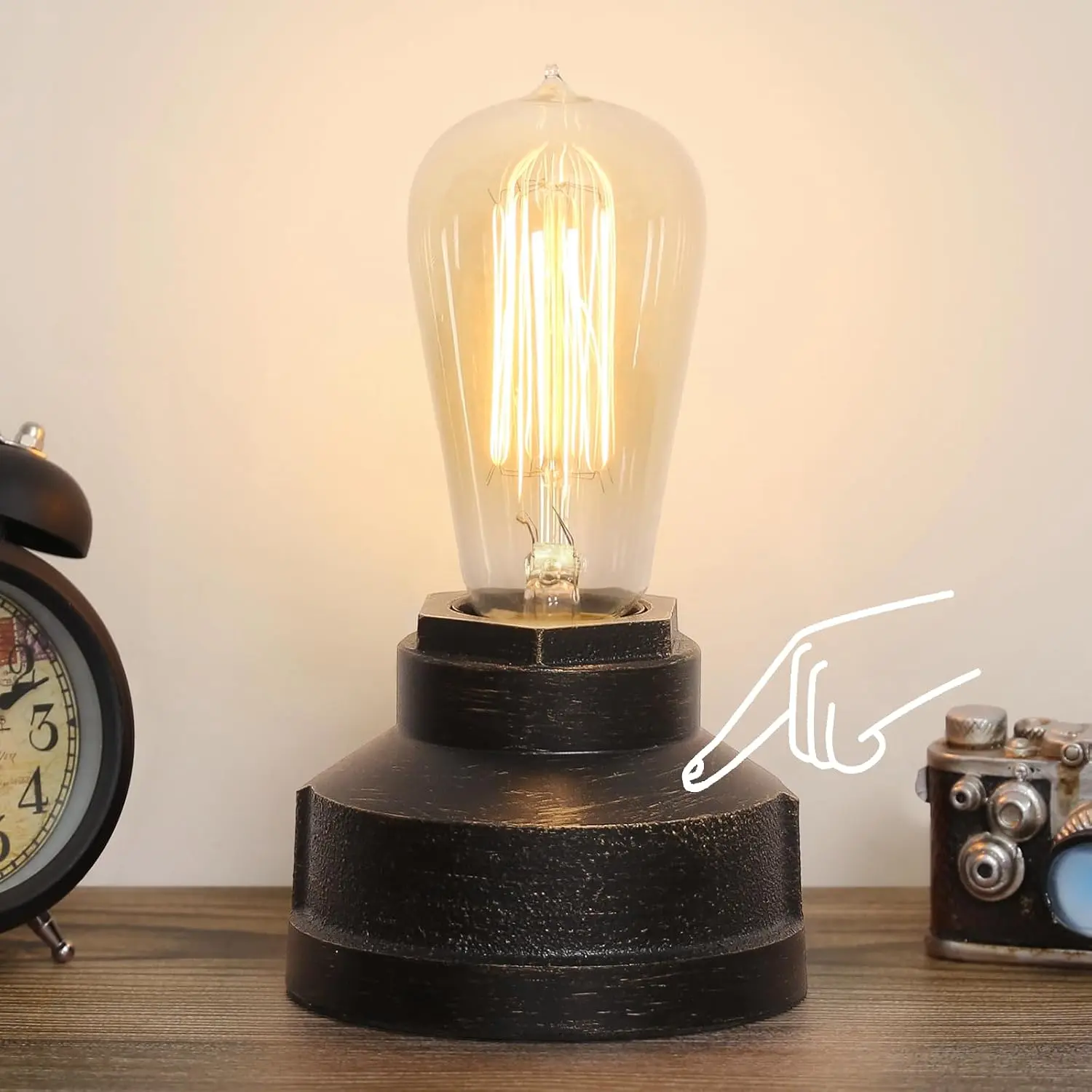 Small Touch Control Table Lamp with Industrial Vintage Edison Bulb Base, Dimmable Bedside Nightstand Accent Light for Living Room Bedroom, Antique Steampunk Style