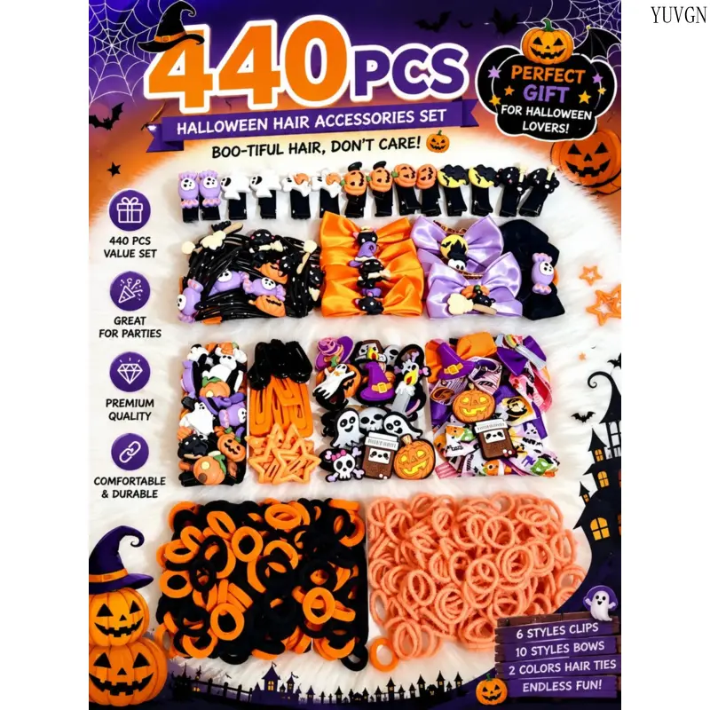 440Pcs Halloween Themed Hair Accessory Set, Cute Pumpkin & Ghost Decor Hair Clips, Bow Barrettes and Disposable Elastic Hair Bands, Versatile Holiday Hair Decor for Costume Parties, Festival Hairstyle Matching, Ideal Holiday Gift