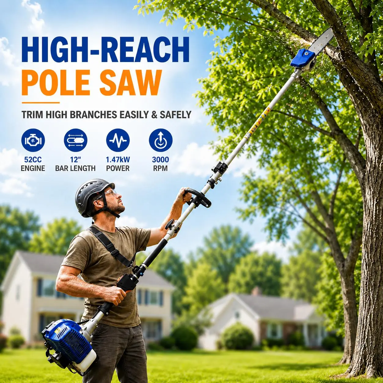 Garvee 2-Stroke Gas Pole Saw with 12-Inch Bar & Chain - Extendable Up to 16 ft Reach - Anti-Vibration Handle - 1200 ml Fuel Tank - For Tree Trimming & Pruning