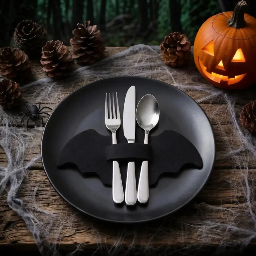 12Pcs Halloween Bat Felt Cutlery Holder Gothic Spooky Flatware Pocket Sleeve Fork Spoon Knife Organizer Pouch for Dinner Party Table Setting Gothic Home Decor Spooky Season Hosting Supplies