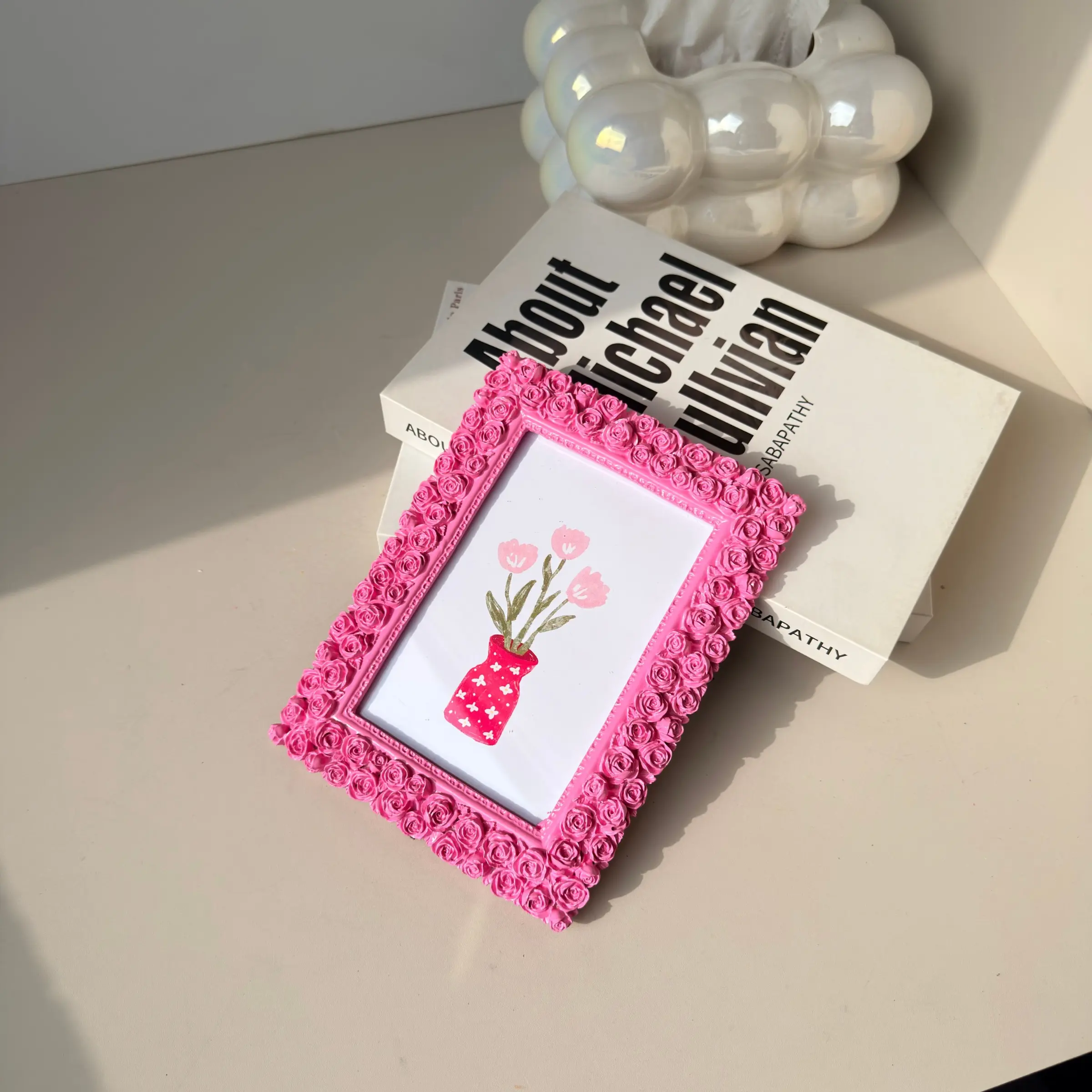 6 Inch Rose Embossed Resin Frame, Bright Sweet Style Desktop Decor, Home Decoration Photo Frame, Girl's Festival Gift