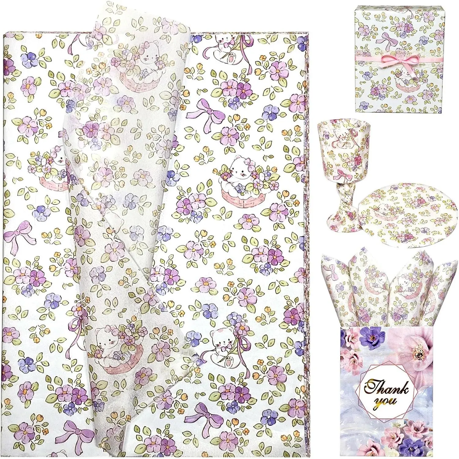 Floral Tissue Paper, Cute  and  Blossom Print, 30 Sheets, 20"x14", Flower  Wrapping Tissue Paper for  Bags, Bouquet Packaging for Birthday Wedding  Shower DIY Crafts Party Decor
