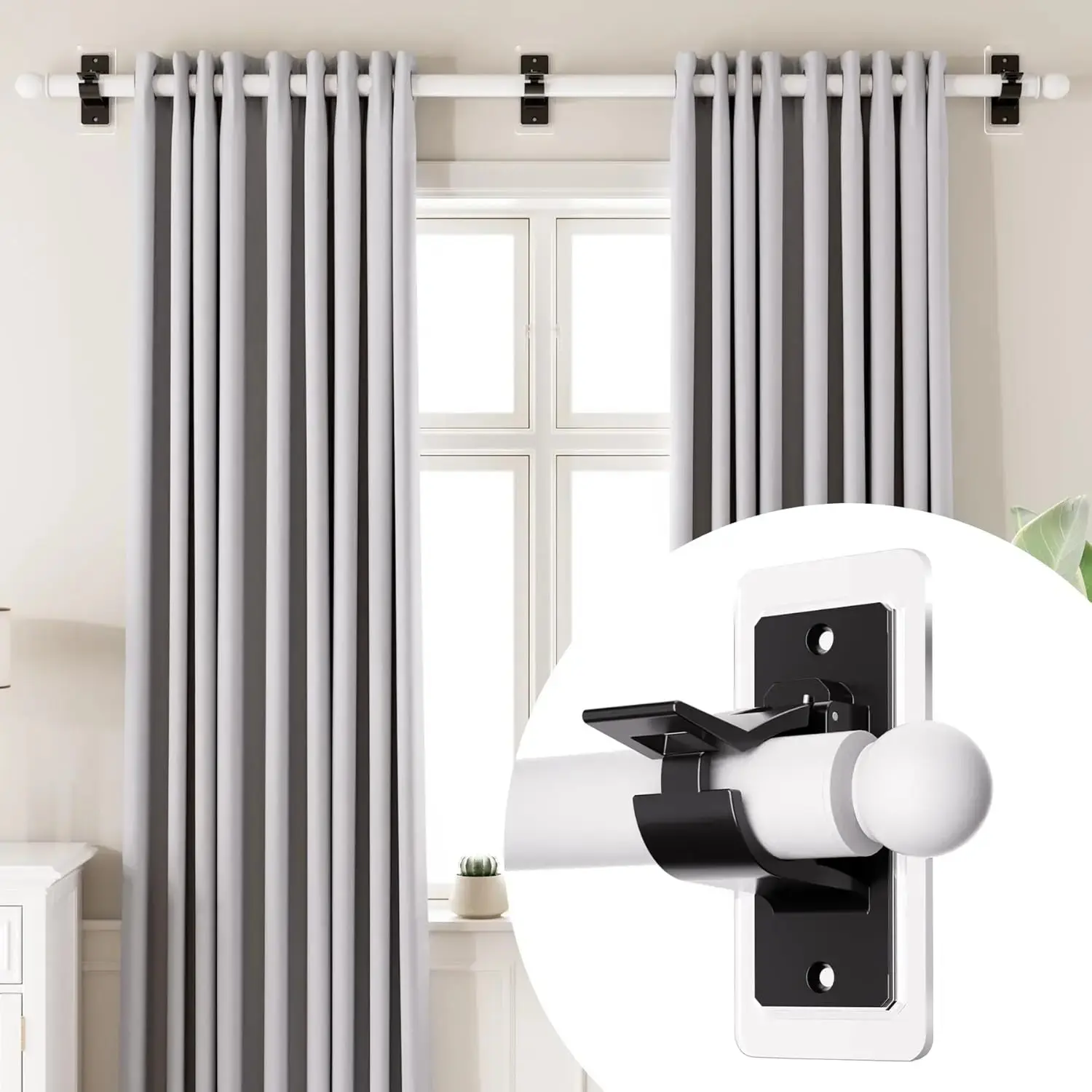 2-Pack Adhesive No Drill Needed Curtain Rod Holders Brackets, Self Adhesive Rod Holder Hooks, Multipurpose Nail Free Stick on Curtain Rod Hooks-For Bathroom Bedroom Living Room