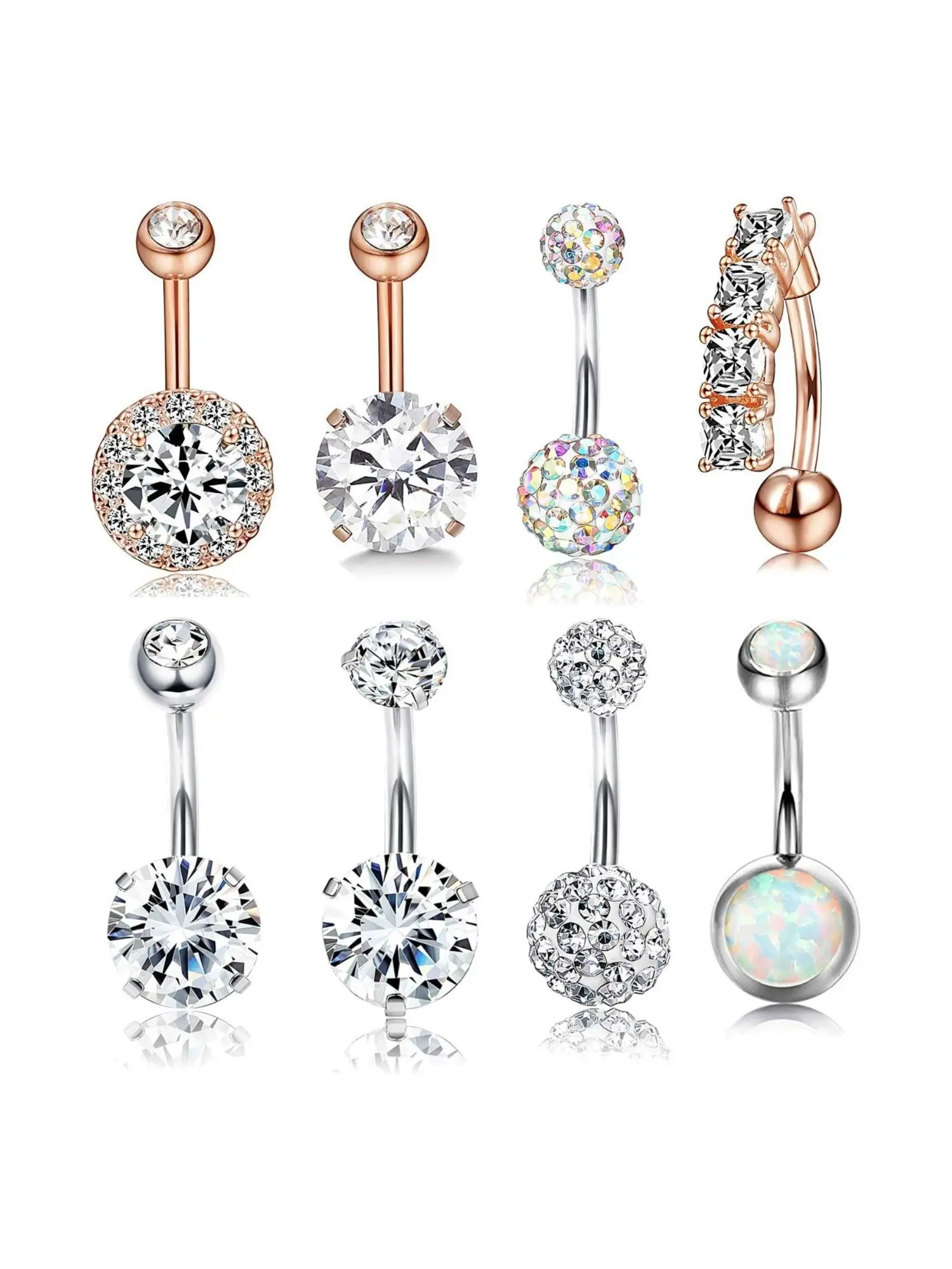 8 Pcs Rose Golden Zirconia Opal Dangle Navel Rings for Women Men 316L Stainless Steel Belly Button Piercing Jewelry, Body Jewellery, Mixed Bling Pendant Styles Hypoallergenic Curved Barbell Design Ideal Summer Footwear Matching Holiday Gift