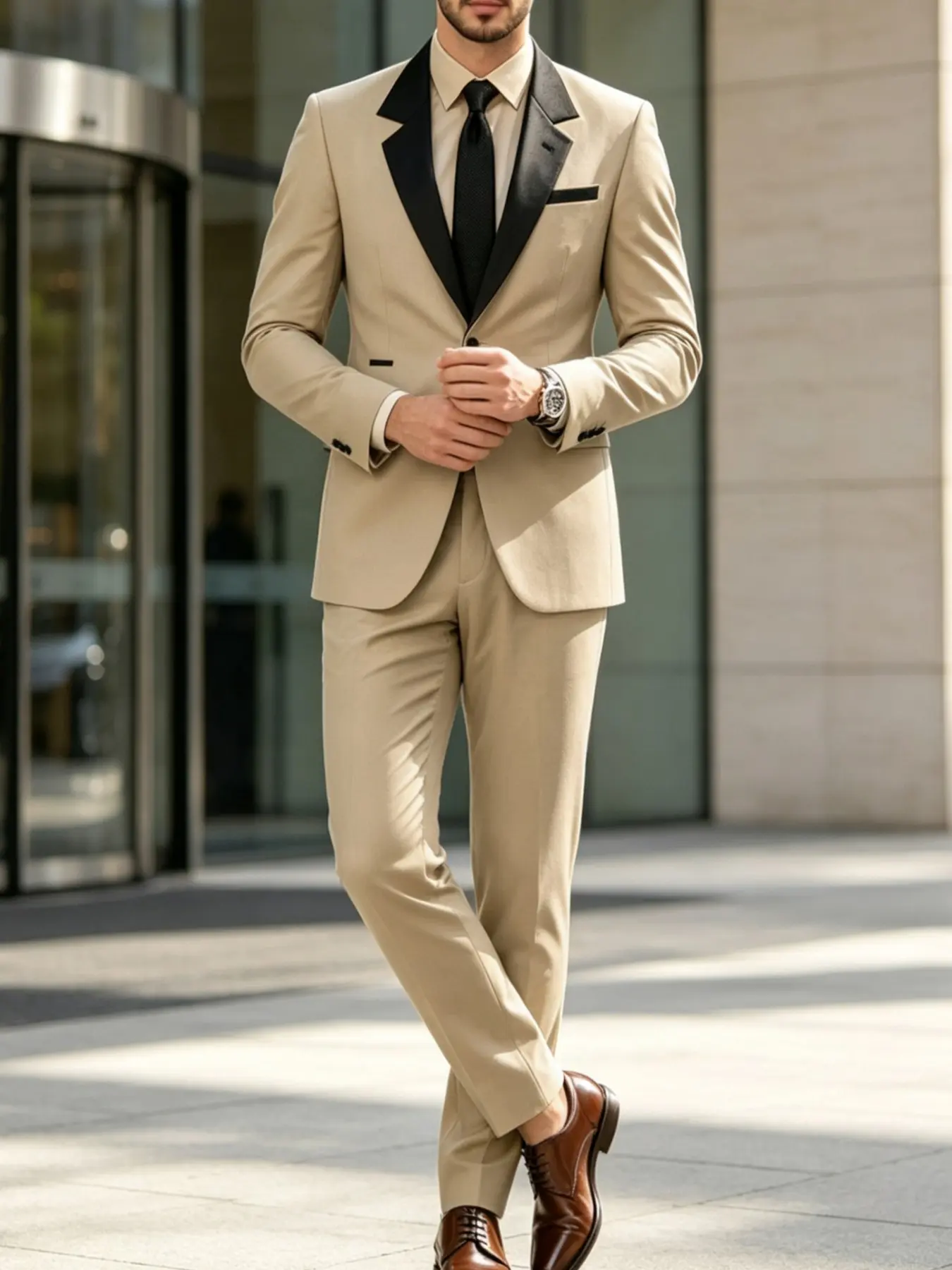 Men's Blazer Set, Colorblock Notch Lapel Jacket, Button Detail Pants, Lightweight Business Casual Two-Piece Suit