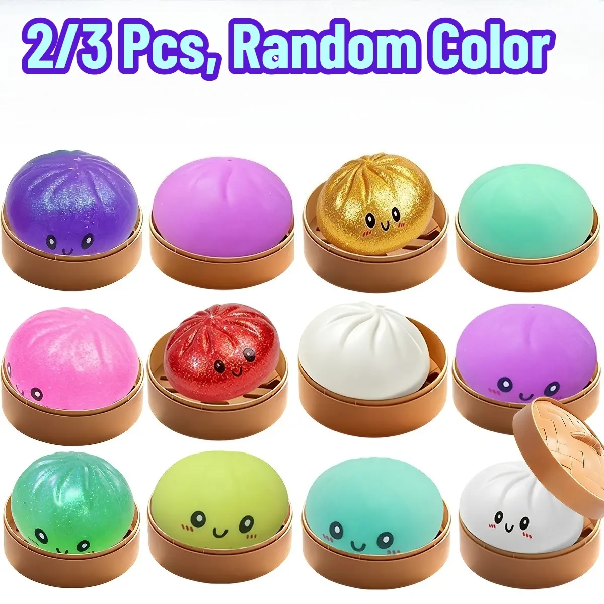 2/3PCS Random Color Cute Bun Squeeze Toy with Steamer Box, Kawaii Smiley Face Slow Rebound Stress Relief Ball, Realistic Food Fidget Toy for Anxiety Relief, Kids Pretend Play, Party Favor, Classroom Reward & Desk Decoration