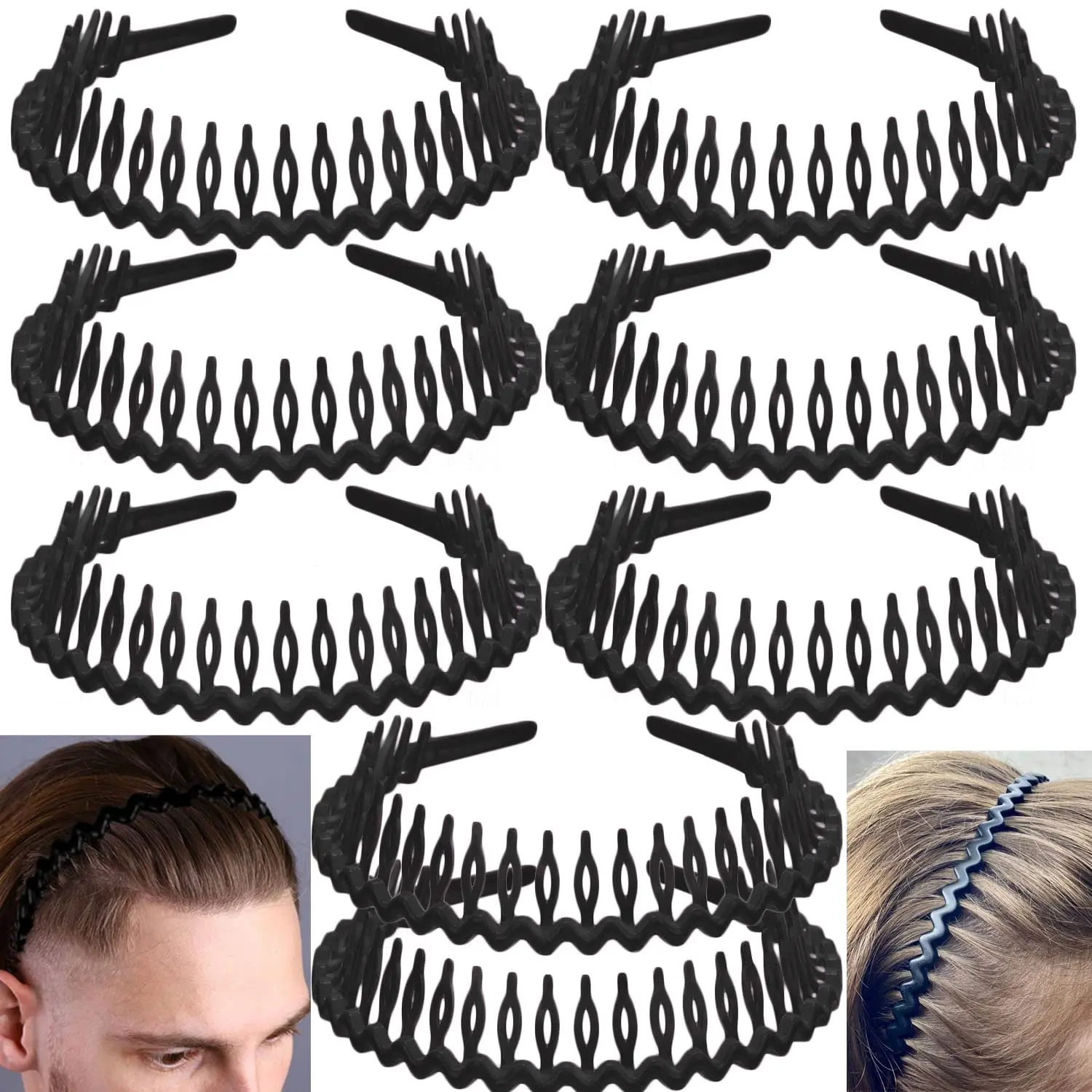 Plastic Headbands for Women, Men & Girls, 8-Pack Simple Skinny Bands with Non-Slip Comb Teeth, Matte Black Finish