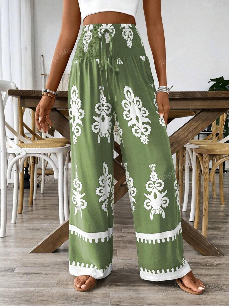 Women's Ethnic Pattern Shirred Tie Front Wide Leg Pants, Boho Style Comfy High Waist Trousers for Daily Holiday Vacation Wear, Ladies Casual Chic Bottoms for All Seasons