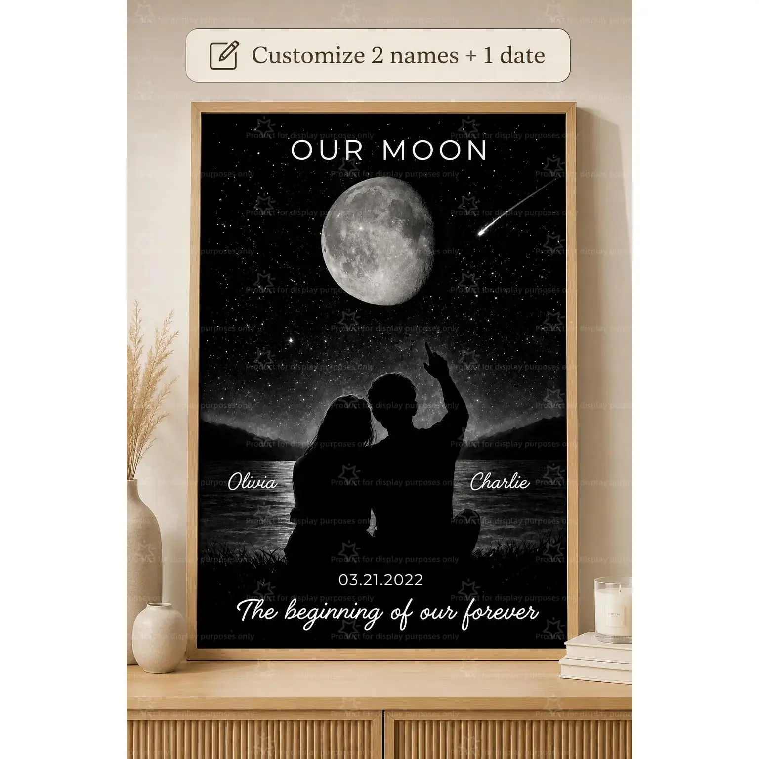 Custom Moon Couple Canvas Poster - Personalized 2 Names & Date Print, Lightweight Romantic Night Sky Artwork, Decorative Wood Framed Wall Art, Anniversary Wedding Gift, Bedroom Living Room Decor