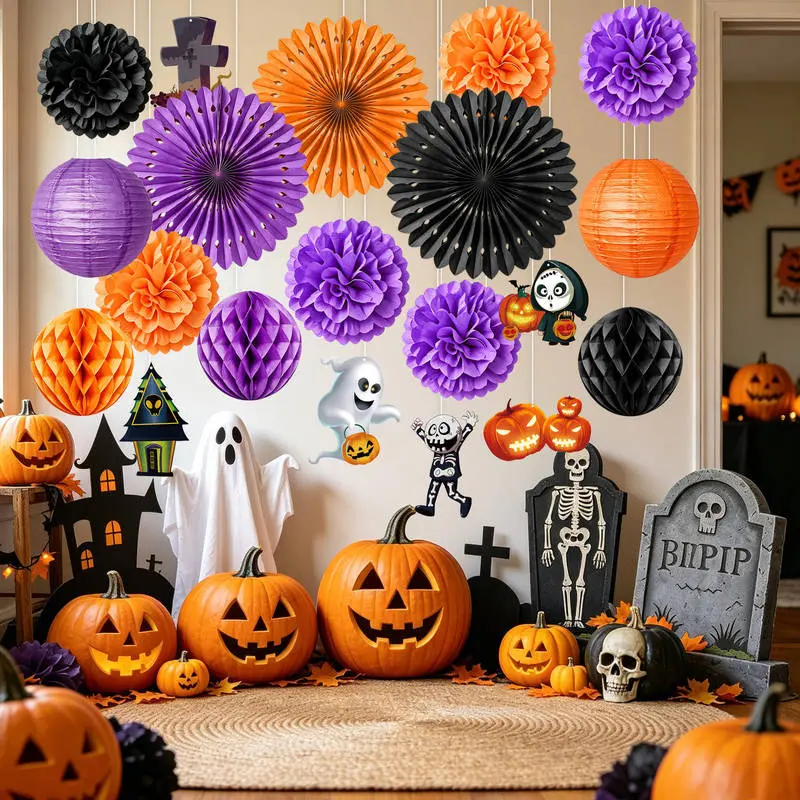 20 Pack Halloween Party Decorations Set, Paper Fans, Pom Poms, Hanging Swirls & Lantern Balls, Halloween Indoor Home Wall Decor Kit for Party Atmosphere Supplies