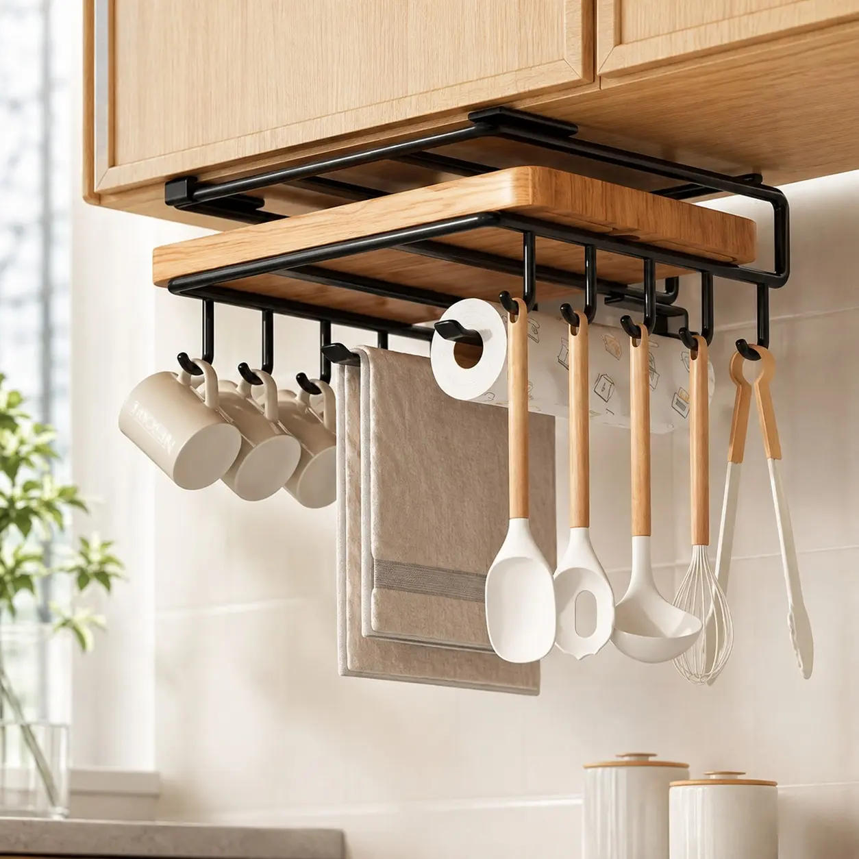 Under-Shelf Organizer Rack with Multiple Hooks, Black Under-Cabinet Kitchen Storage Rack for Mugs, Utensils & Towels, 1 Pack