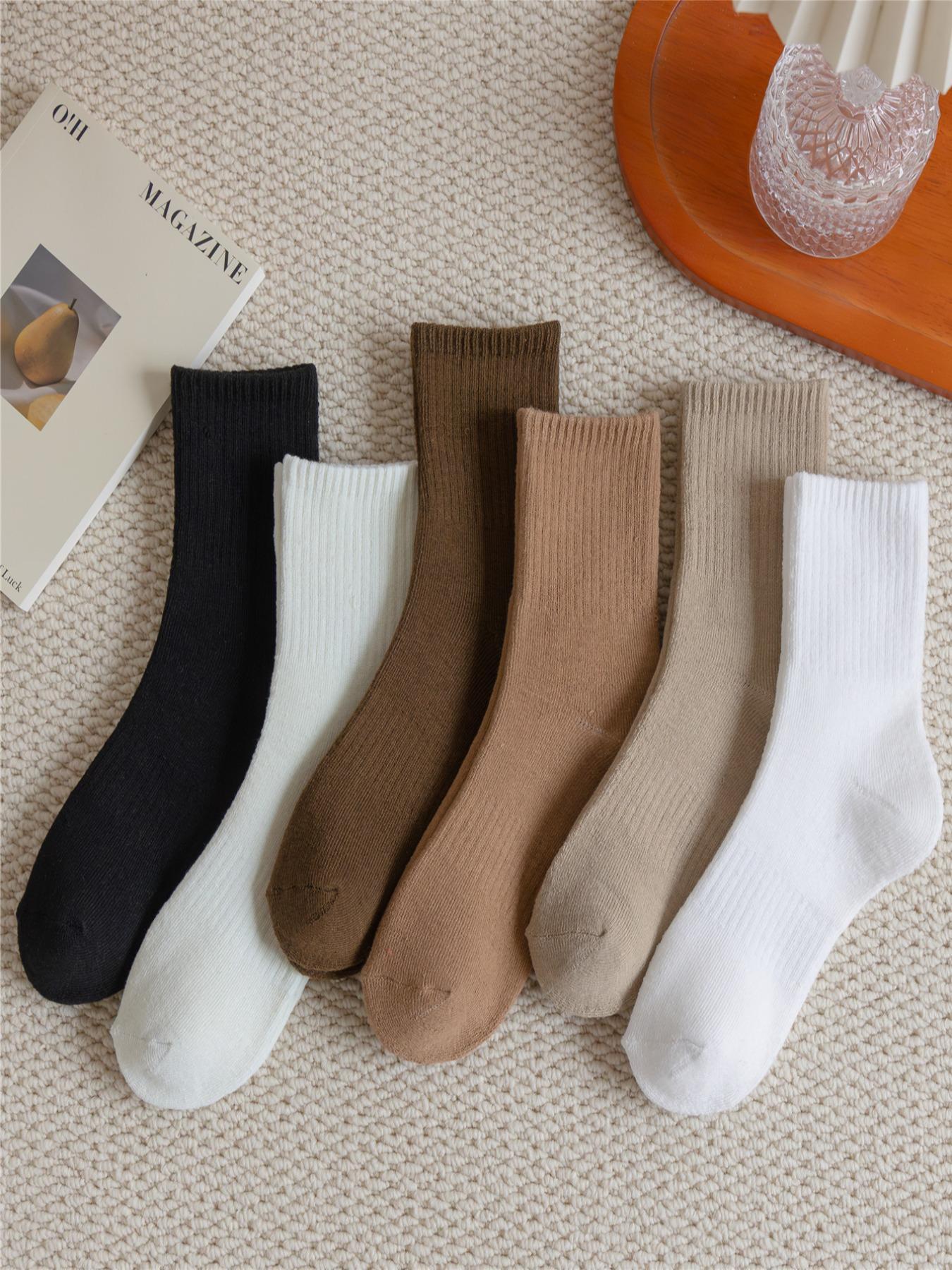 Women's 6 Pairs Solid Crew Socks, Casual Fashion Basic Comfortable Breathable Anti-slip Mid-calf Socks for Daily Wear, Lady Socks & Hosiery, Ankle Stockings for Fall & Winter, Socks Set, Casual Comfy Socks