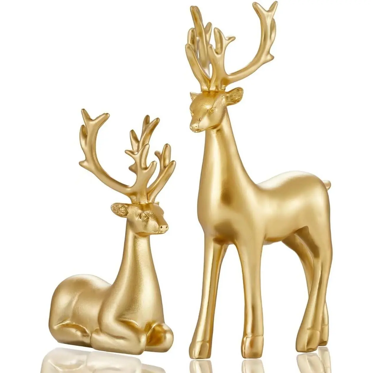 2Pcs Deer Shape Resin Figurines - Standing/Sitting Golden Design, Rustic Christmas Room Decor for Dining Table, Fireplace (Gold), Home