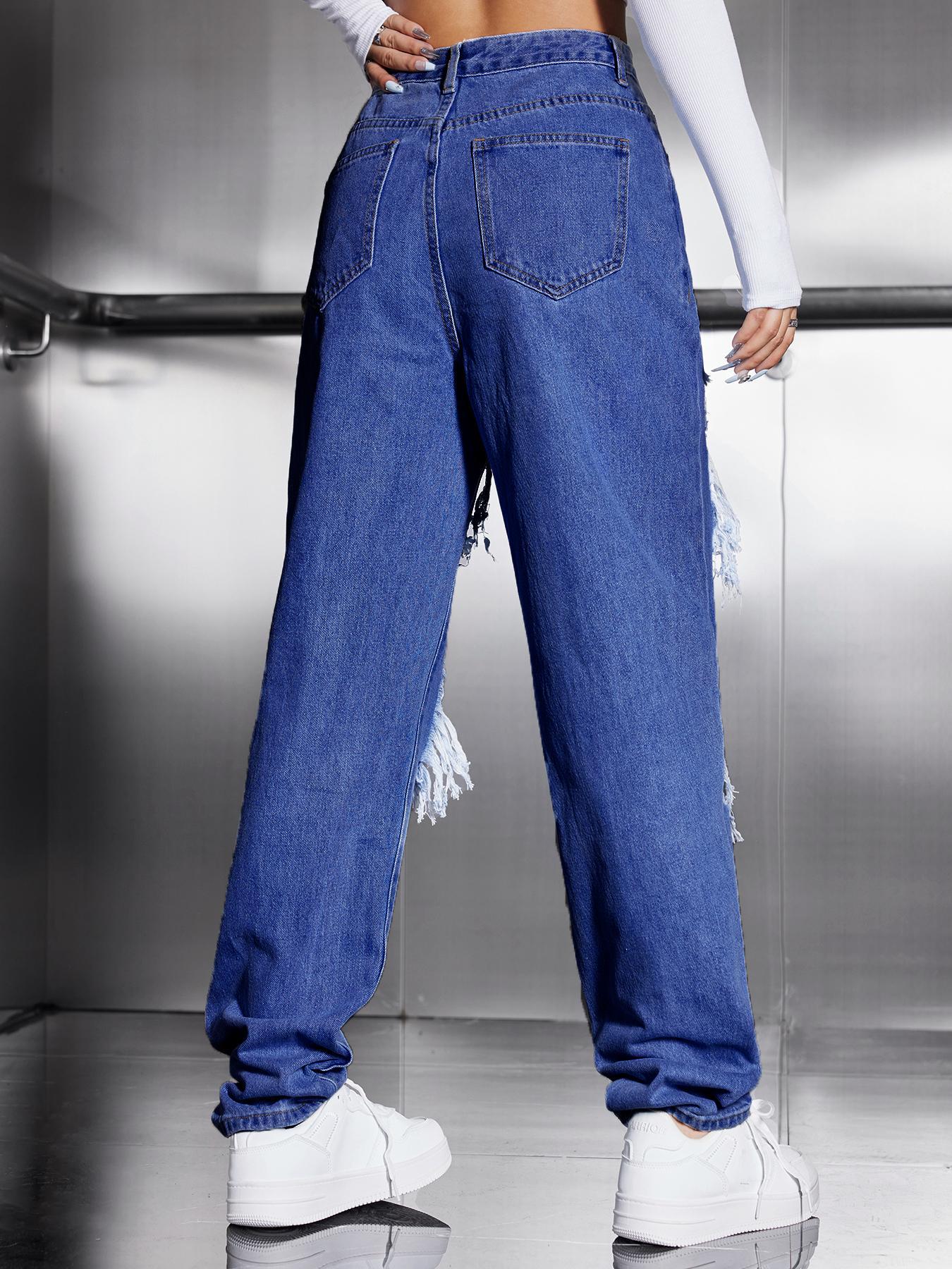 Women's High Waist Ripped Jeans, Fashion Casual Style Distressed Straight Leg Denim Pants, Destroyed Hole Jeans, Lady Bottoms for Daily Wear Streetwear