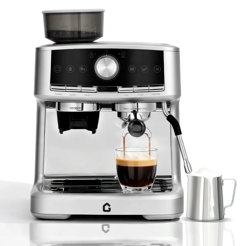 GARVEE 20 Bar Pressure Espresso Machine with Grinder, 1.5L Removable Water Tank, Milk Frother Steam Wand for Latte/Cappuccino (SILVER,20Bar,With Grinder)