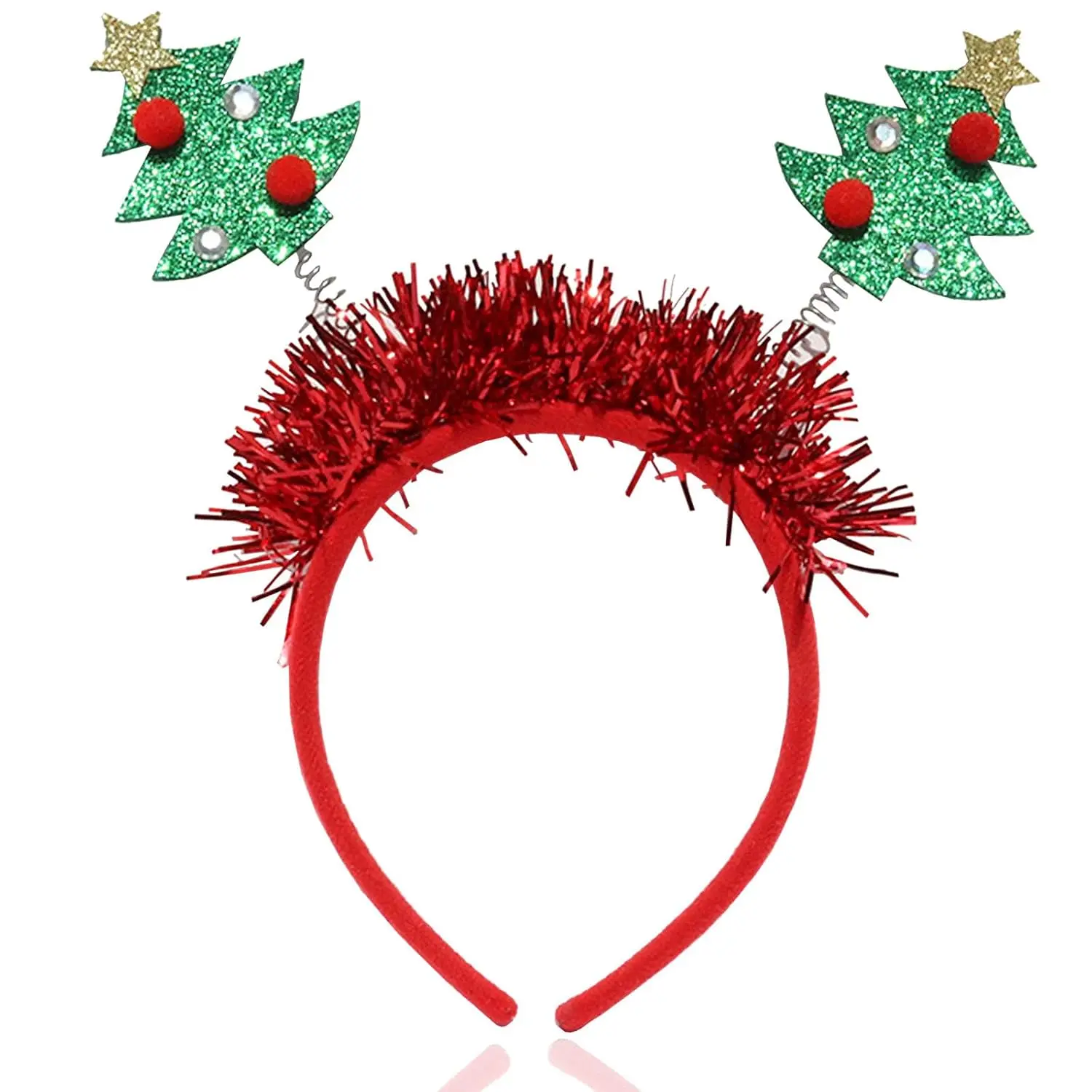 Christmas Tree Headband with Bouncing Trees & Red Glitter Fringe, Sparkly Dazzling Xmas Hairband for Women, Christmas Party Supplies & Festival Accessories (Christmas Tree)