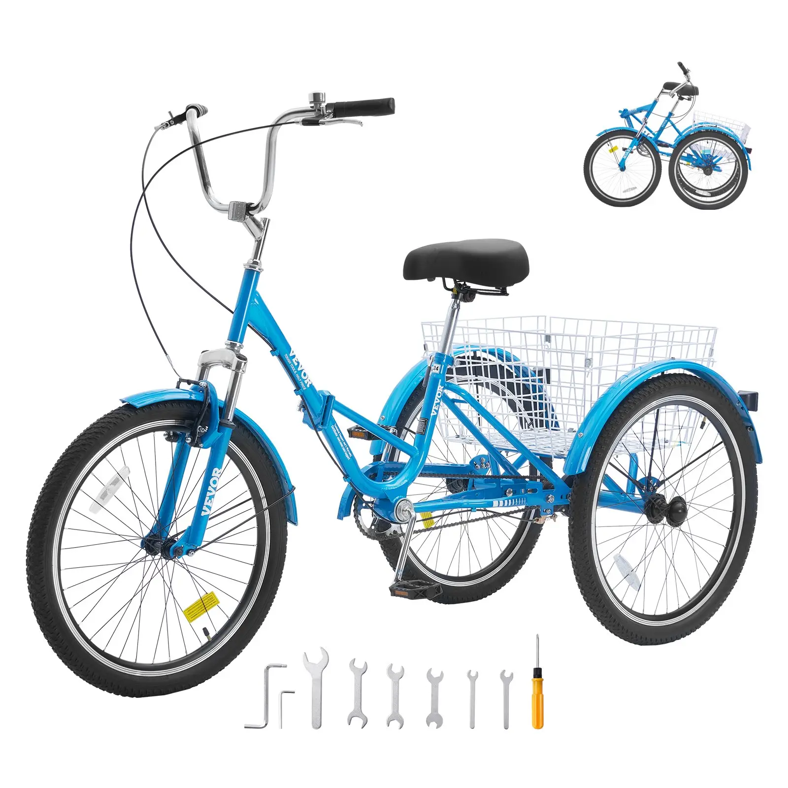 VEVOR Folding Adult Tricycle, 24-Inch Adult Folding Trikes, Carbon Steel 3 Wheel Cruiser Bike with Large Basket Adjustable Seat, Shopping Picnic Foldable Tricycles for Women, Men, Seniors (Blue)