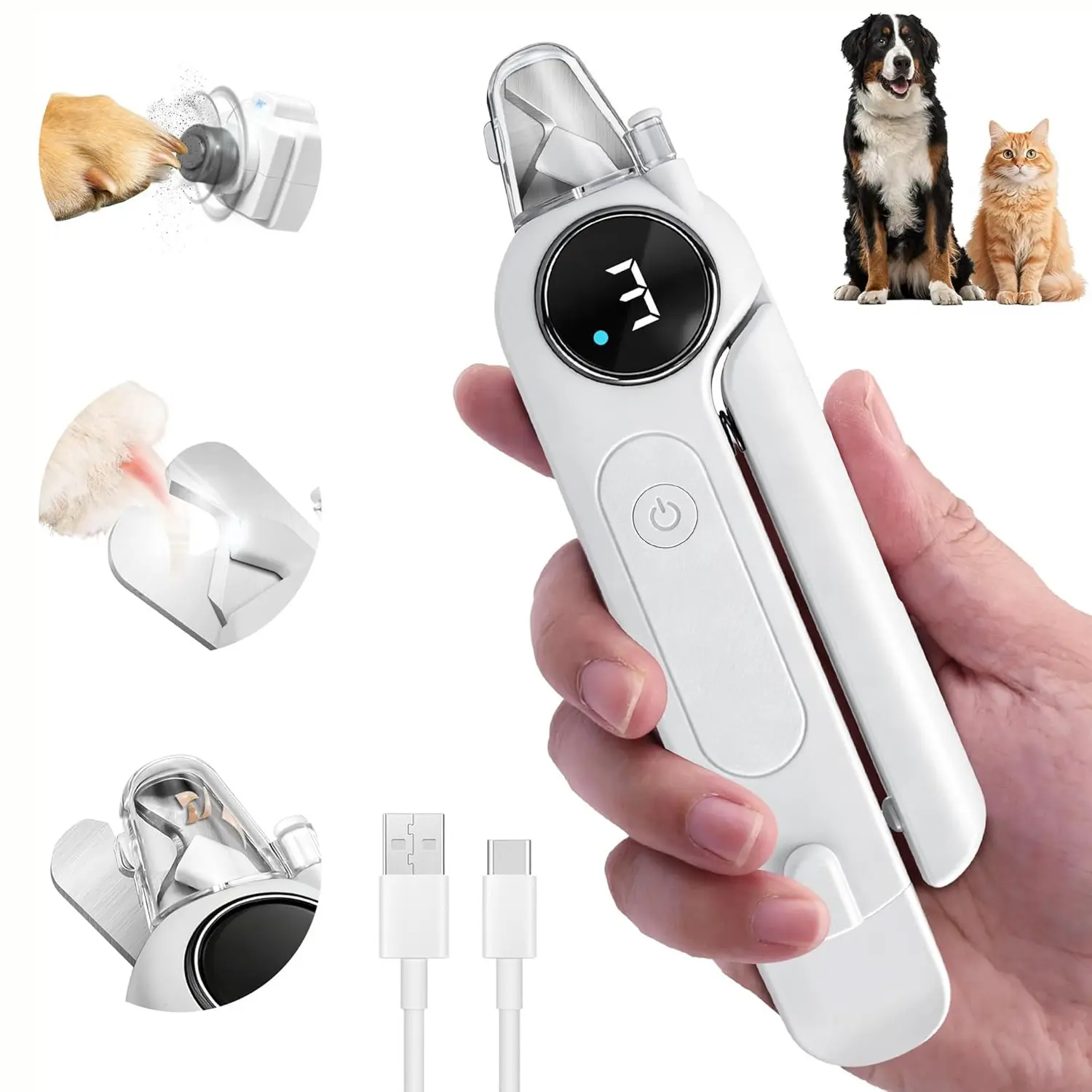 2-In-1 Dog Nail Clipper and Grinder with Light, Quiet Electric Pet Nail Trimmer, Rechargeable, 3 Speeds, Safe Lock, Pain-Free Grooming Tool, Paw Trimmer