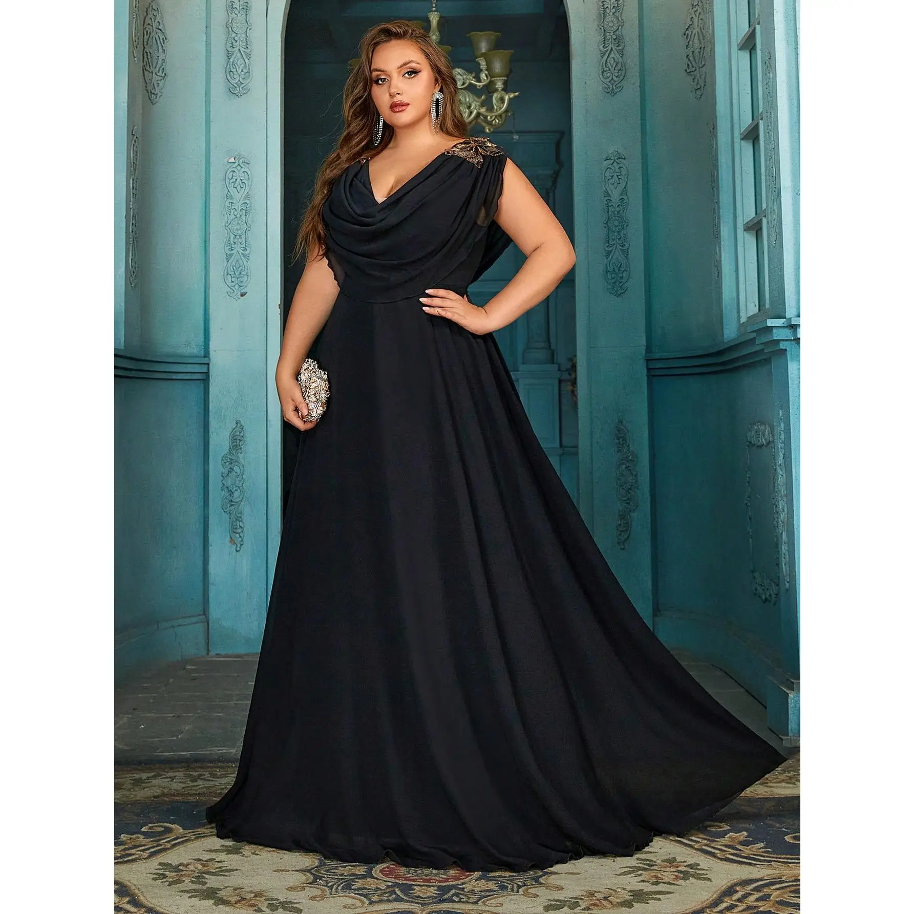 Plus-Size Women's Cowl Drop Shoulder Chiffon Maxi Gown, Shoulder Applique Sleeveless Plunge Neck Formal Dress For Prom, Wedding Guests & Celebration Events