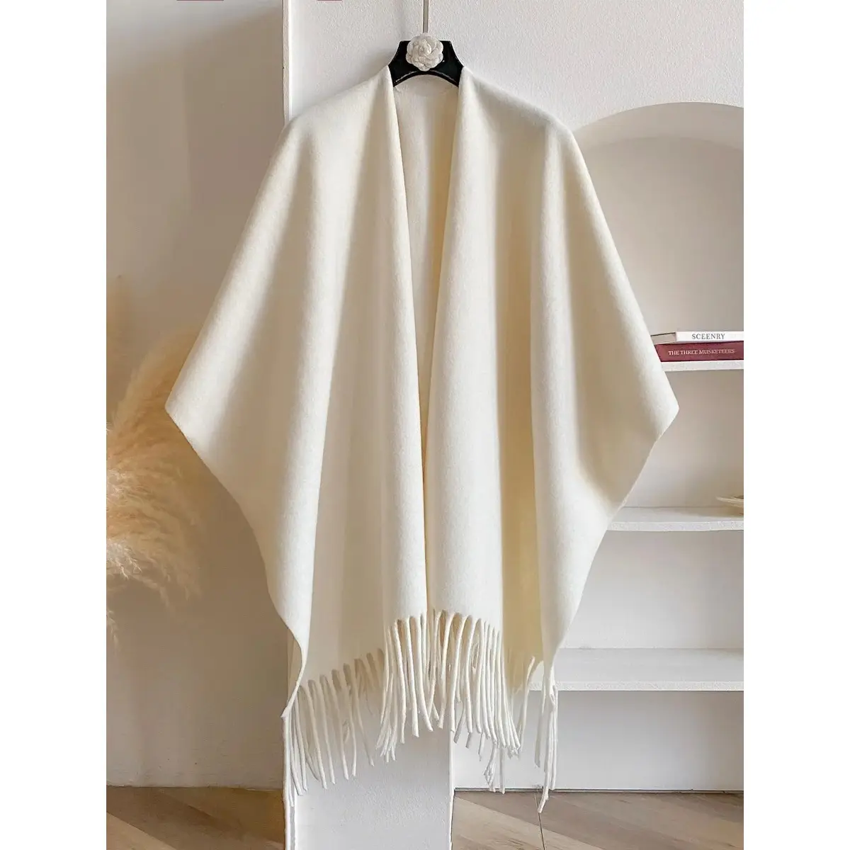Women's Solid Color Fringe Design Tencel Chiffon Shawl - Boho Warm Cape Scarf, All-Season Fashion Accessory, Boho Shawl Wrap, Plain, Casual Wear, Female, Solid Plain