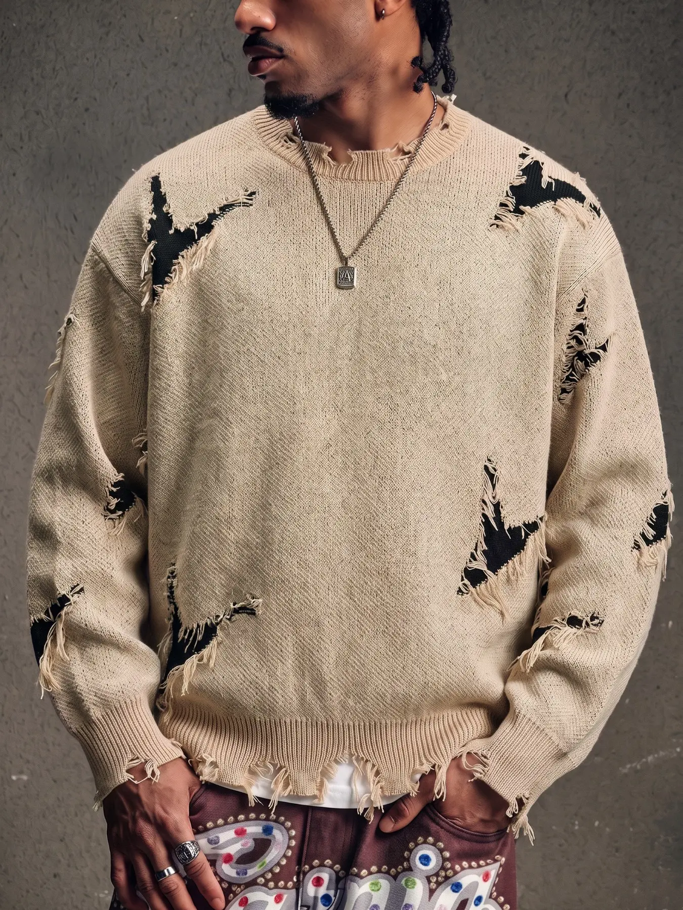 Men's Vintage Pullover Sweater Fall Winter ripped Loose Fit Letter Printed Crew Neck Knitted Sweatshirts, Retro Grunge 2000s Casual Soft Long Sleeve  Knit Jumper Back to School Clubwear Halloween Party Outfit