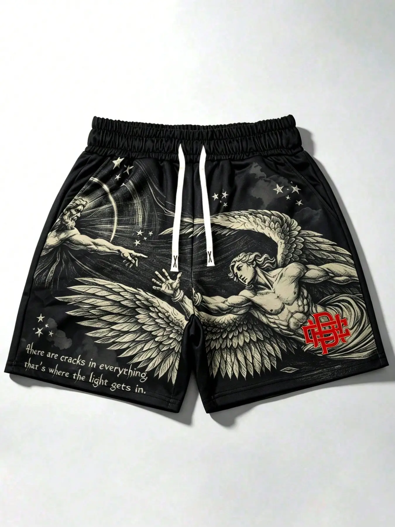 American hip-hop angel print men's shorts, unisex loose fit, trendy black shorts, retro wings, portrait, star pattern, creative letter print, summer men's drawstring shorts, street style, Y2K style, Fashionable summer shorts