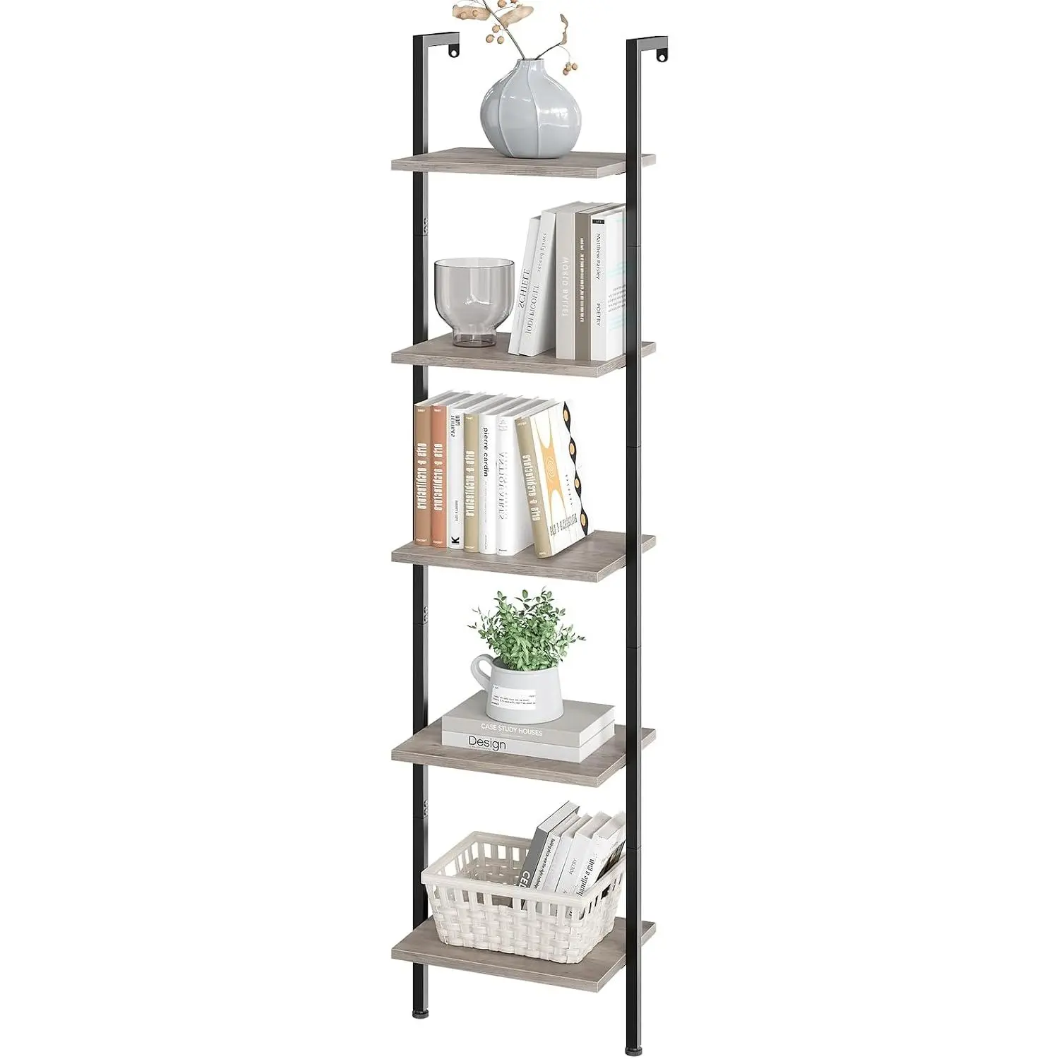 5-Tier Heavy-Duty Wall Mounted Ladder Shelf, Greige Metal Frame Open Display Organizer - Living Room Decor Book Storage for Bedroom, Office