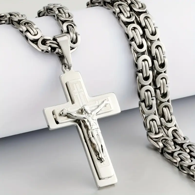 Men's Stainless Steel Modern Fashion 3-Layer Cross Pendant with U-Shaped Handmade Flat Necklace, Elegant Faith-Based Steel-Tone Daily Casual Accessory, U-Shaped Necklace, Everyday, Cross Layer