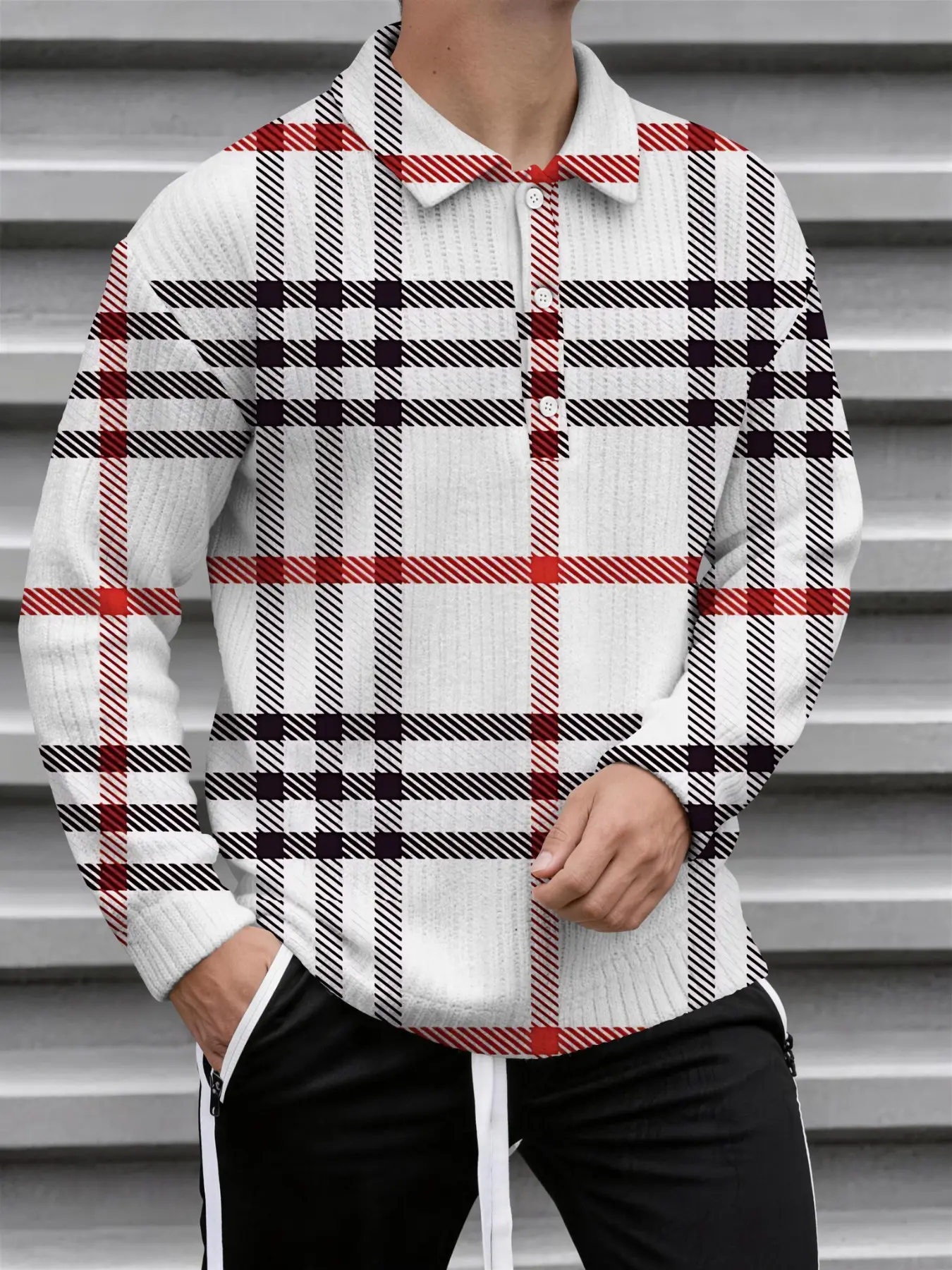 Men's Plaid Long Sleeve Polo Shirt, Fashion Casual Breathable Knit Top, Check Collar Men's Clothing, Spring & Fall Wear
