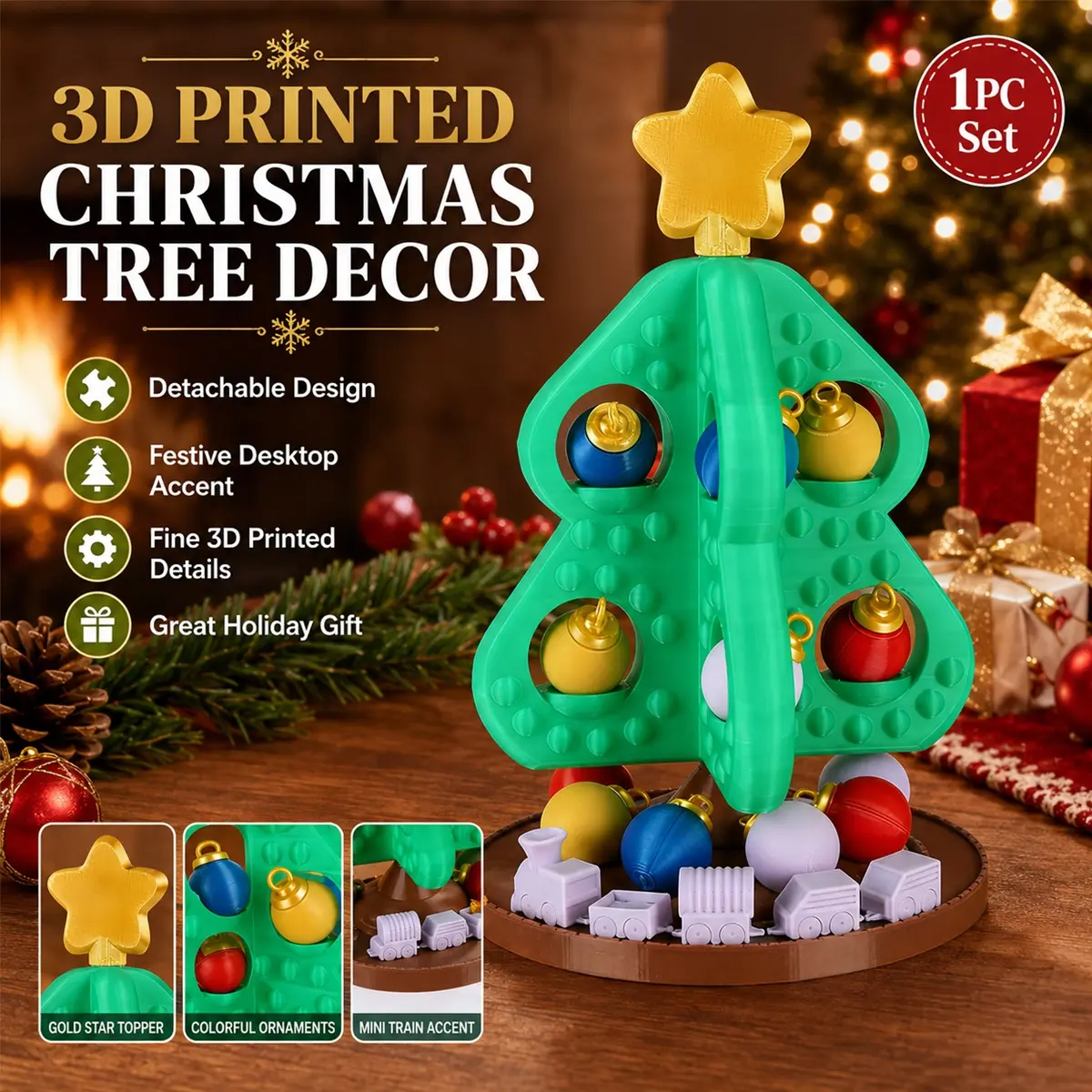 3D Printed Christmas Tree Decor, Detachable Mini Train Decorative Ornament Desktop Display with Removable Holiday Pieces, Festive Tabletop Christmas Decoration for Shelf, Windowsill, Office, Home, Seasonal Gift, Holiday Collectors and Family Friends