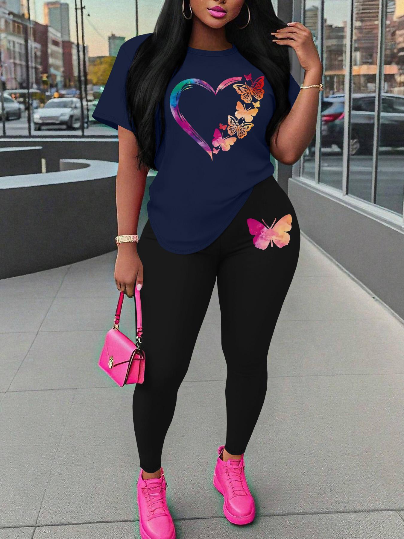 Women's Butterfly Print Tee & Skinny Pants Two-Piece Fitted Set, Casual Round Neck Short Sleeve T-Shirt & Leggings for Daily Wear, Ladies Summer Clothes, Going Out Sets