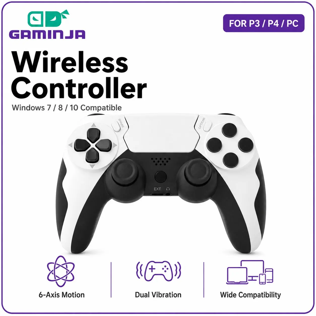 GAMINJA Five-Color Game Controller With Dual Motor Vibration, Six-Axis Gyroscope, Ergonomic Buttons, Speaker, for PS4/PS4 Slim/PS4 Pro/PS3/PC Multi-Platform Gift, Gamepad, Esports Controller, Premium Gaming Controllers
