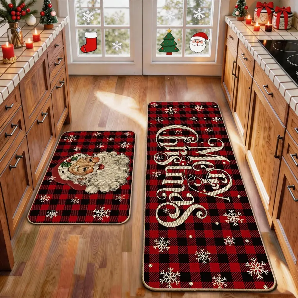 2 Pcs Christmas Kitchen Rug Mat Gnomes Gingerbread Tree Santa Clause Snowflake Red Black Floor Mat Set Farmhouse Kitchen Rug Non Slip Restaurant Floor Dining Room Laundry Room Decor Carpet Mat Winter Decor Home Decor Rug
