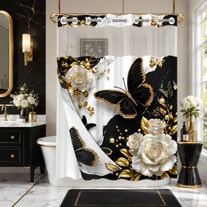 1 Piece No Hook Double Layer Shower Curtain, Luxury Black Gold Rose & Butterfly Print Bath Curtain, Waterproof, Mildew Resistant, Durable Fabric, Elegant Home Decor, Removable Liner, Top See-Through Window, Partition Curtain 71"×74"
