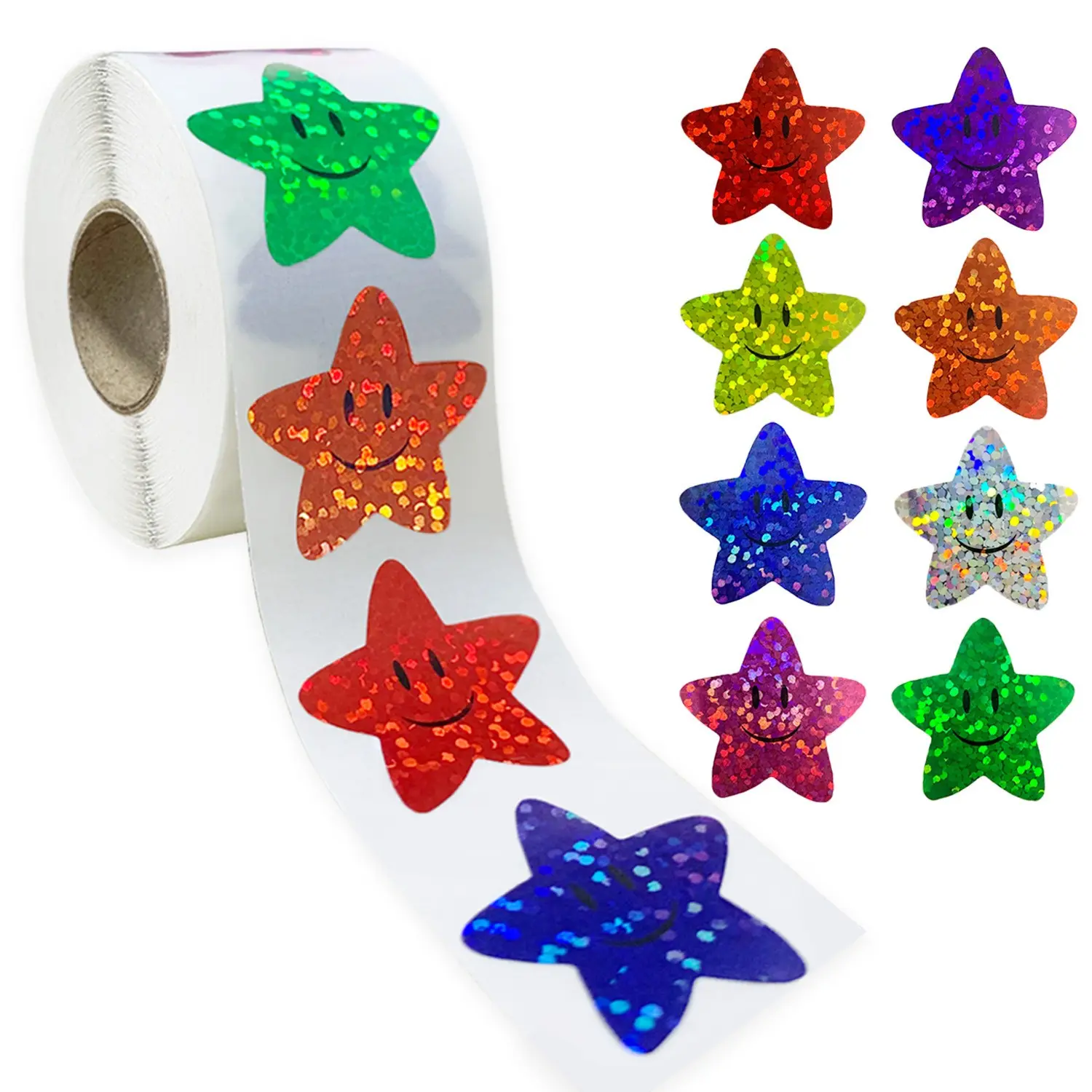 500pcs/Roll 2.5cm Self Adhesive Star Smiley Stickers 8 Colors Shiny Foil for Students Planner School Classroom Teacher Reward DIY Decoration Back to School Great Supply