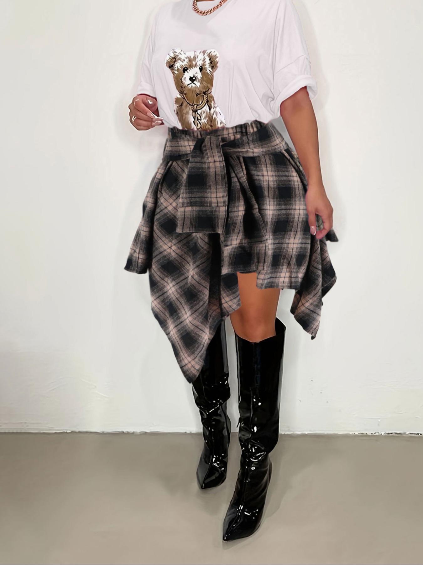 Women's Plaid Print Knot Front Asymmetrical Skirt, Casual Fashion Skirt for Daily Outdoor Wear, Women Clothes for Fall & Winter, Womenswear