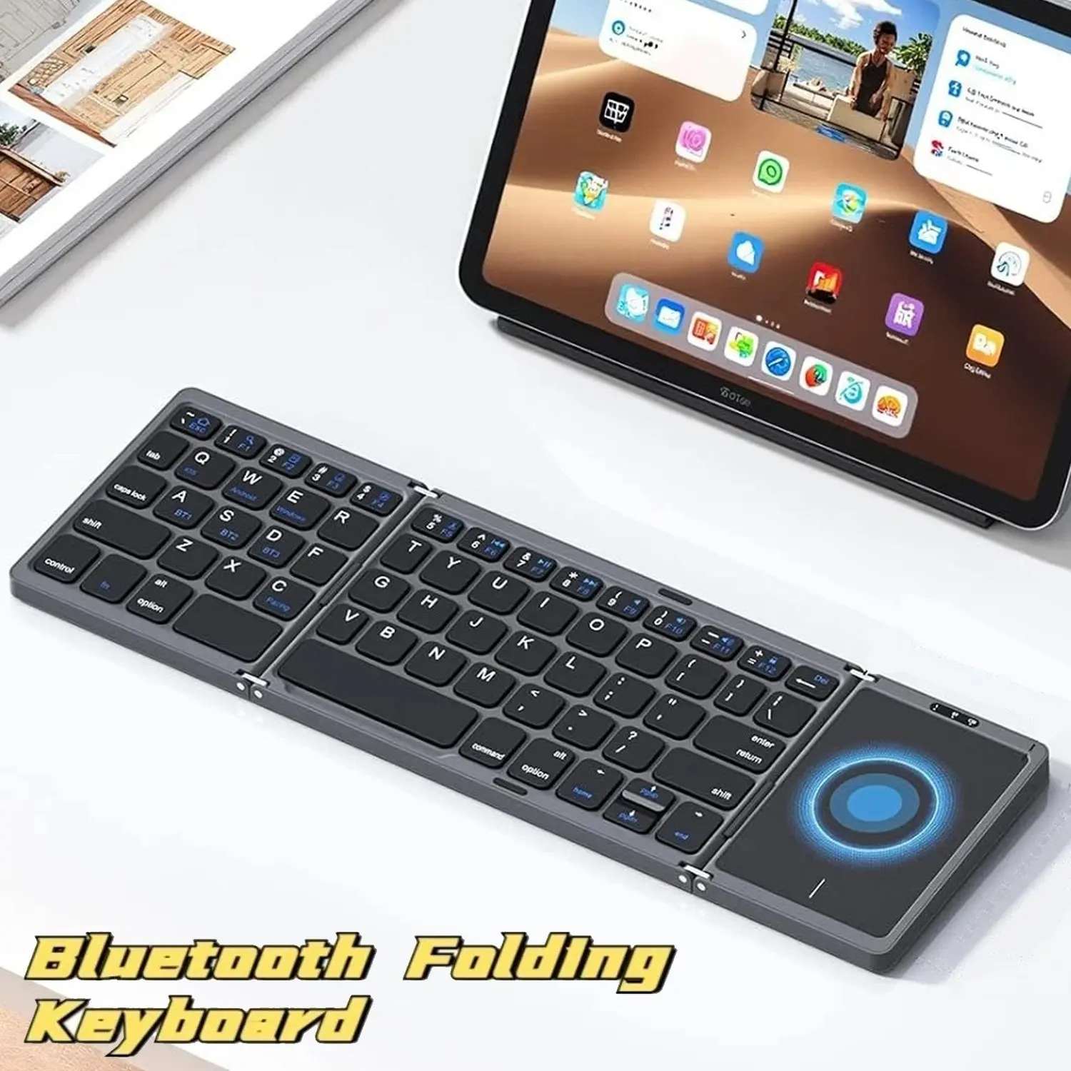 Foldable Wireless Keyboard with Universal Touchpad, Ultra-Thin Pocket Size, Rechargeable, Bluetooth-compatible Connection, for iOS Android Windows Devices, Wireless Keyboard with Trackpad