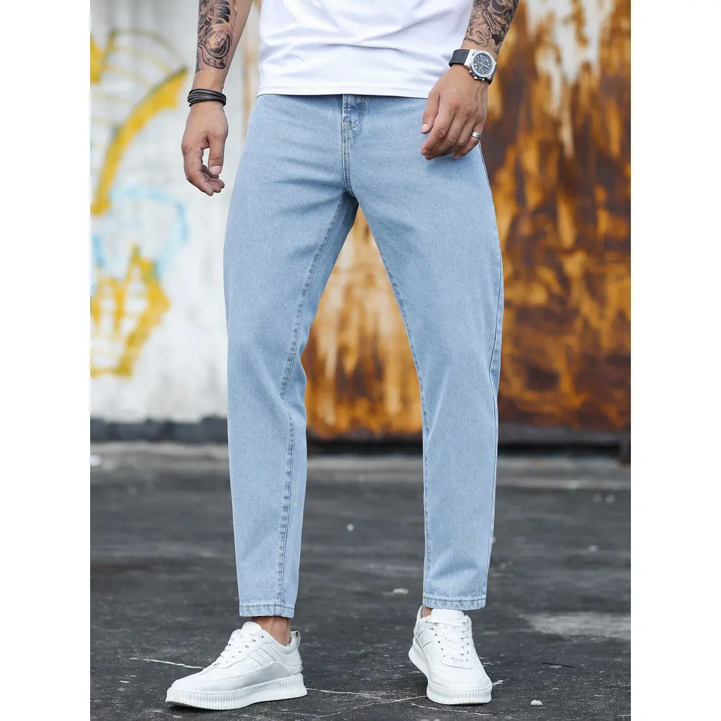 Clean Look Light Wash Men Tapered Cropped Jeans, Mid‑Rise Relaxed Fit Ankle Denim Pants, Wrinkle‑Resistant Soft Denim Trousers, No‑Fray Minimalist Jean Bottoms, Ideal For City Commute, Casual Dating, Daily Walking And Street Fashion