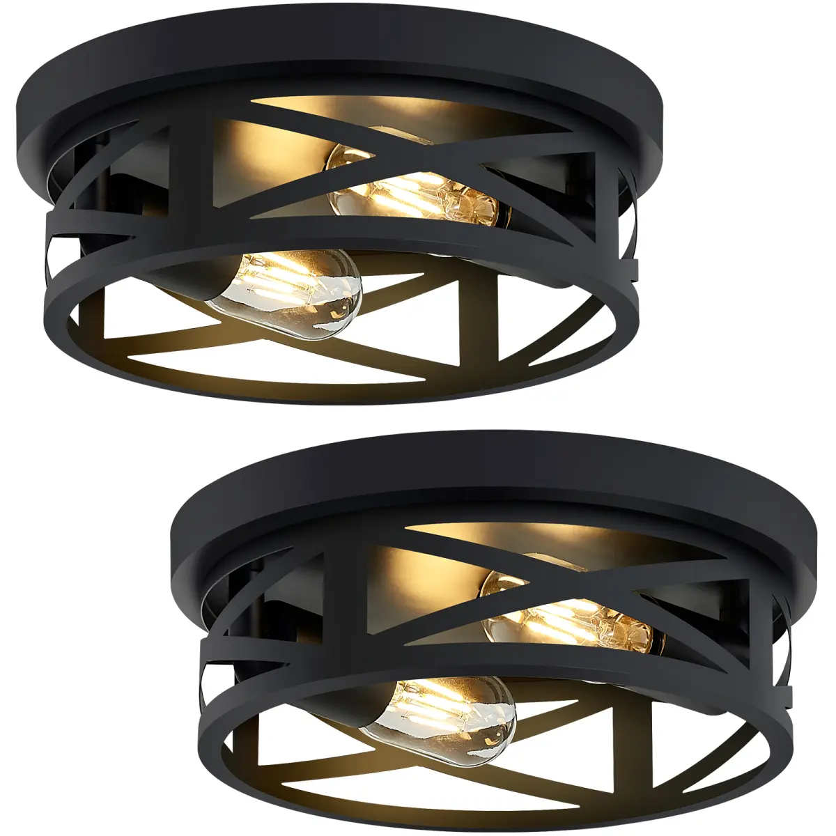 2‑Pack Black Round Flush Mount Ceiling Light, 10.63*10.63*3.94 Inch Matte Iron Criss‑Cross Hollow Close‑to‑Ceiling Light Fixture with 2 E26 Sockets, Low‑Profile Space‑Saving Industrial Farmhouse Lighting for Hallway Kitchen Bedroom Entryway