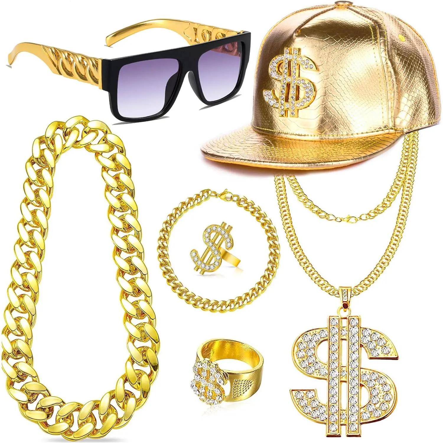 80s 90s  Hop Costumes Outfit Kit   Chain Necklace Dollar Sign Cap  Set Rapper Accessories